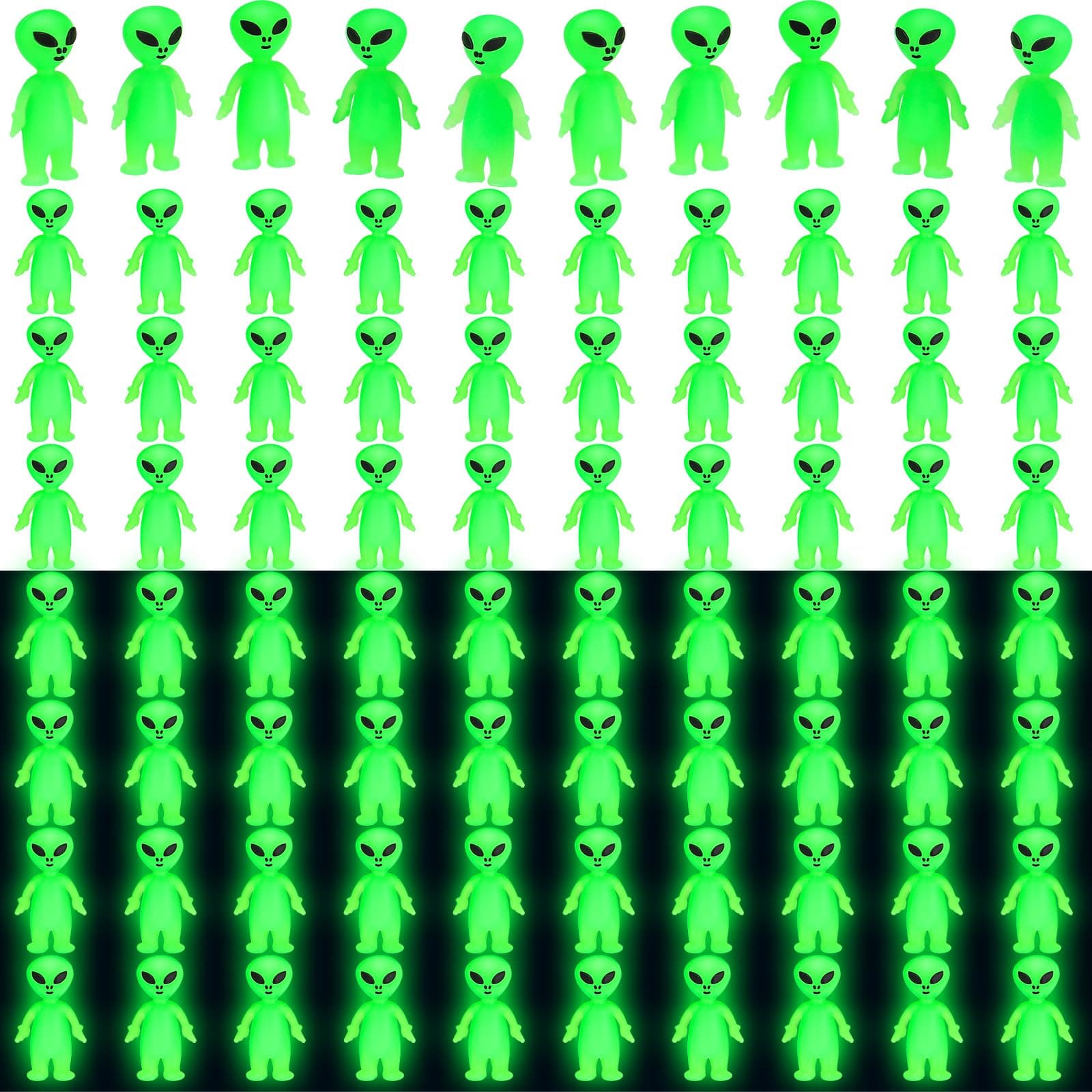 50 Pcs Mini Alien Figures Glow in The Dark Small Little Tiny Aliens Figurine to Hide and Seek for Space Party Favor Prank Rubber Toys Bulk Gifts for Goodie Bag Christmas Stocking Stuffer