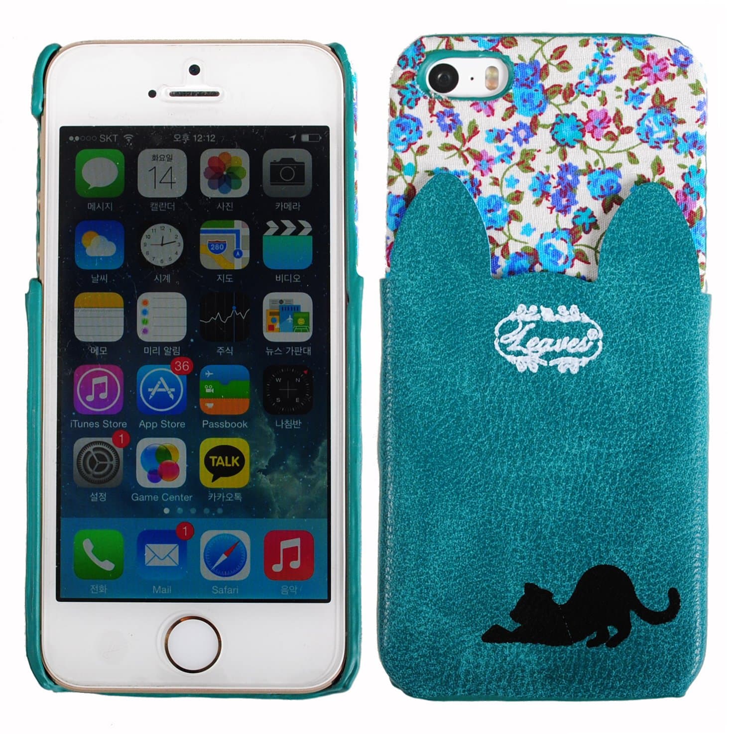 [MintBlue] Cute Cat Ear Shape ip5 PU Leather Flower Layered Back Pocket Rigid Case Cover For Apple iphone 5/5S