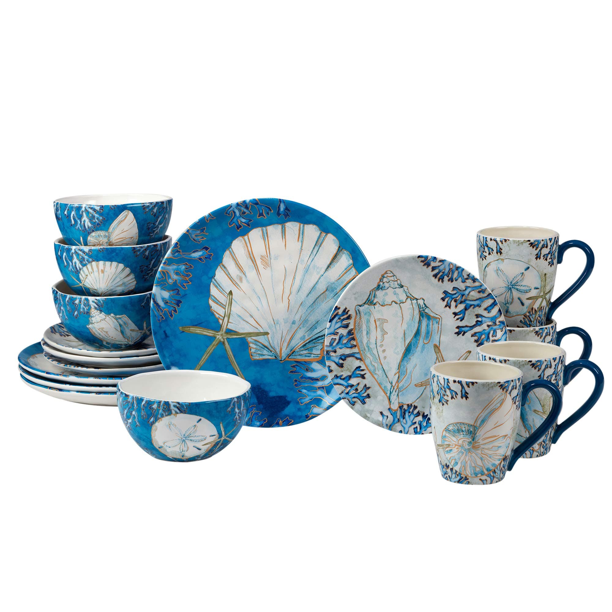 Playa Shells 16-Piece Coastal Dinnerware Set Service for 4 – Ceramic Plates, Bowls & Mugs with Beach Shell Art – Great for Everyday Dining, Entertaining, Beach House, or Nautical Décor