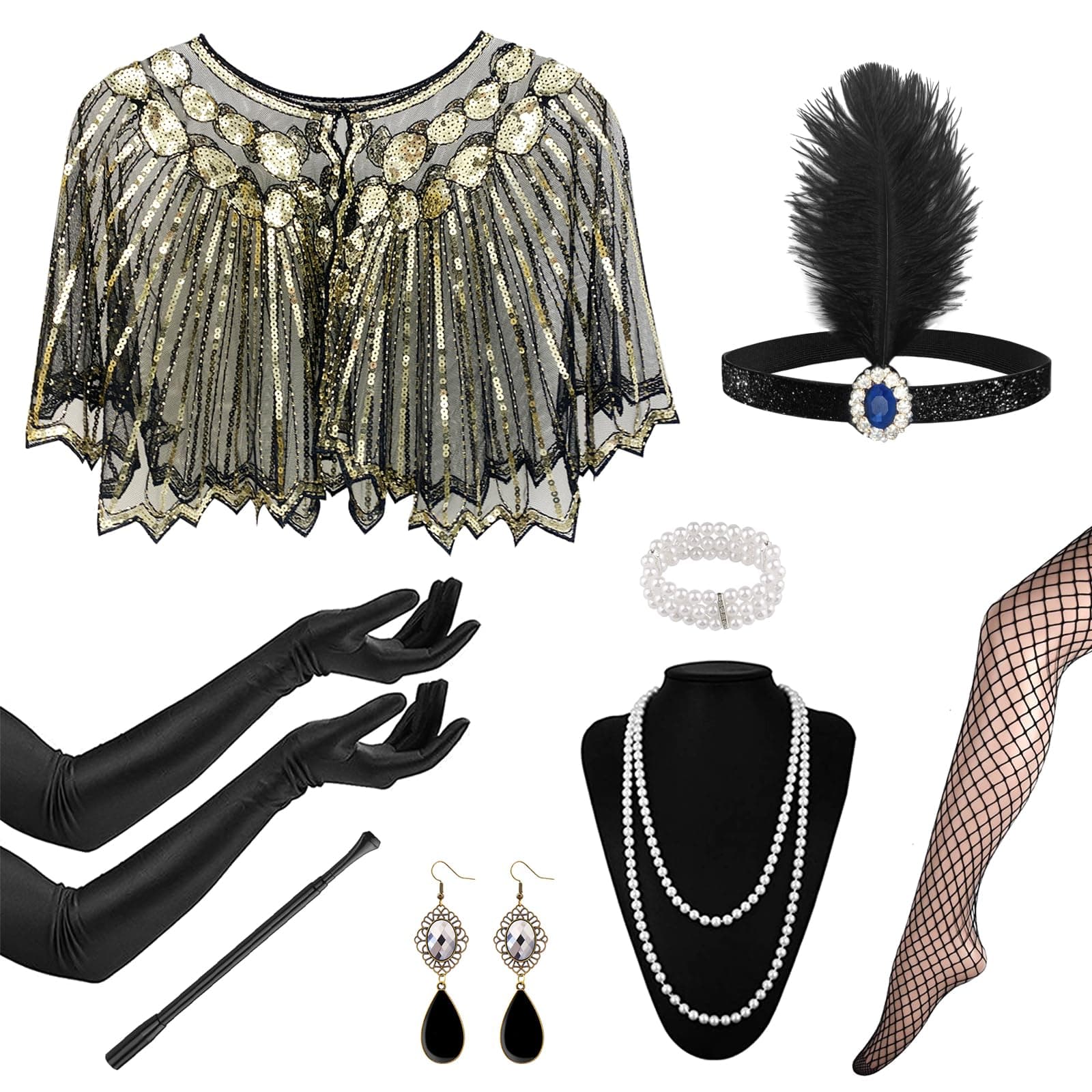 – 1920s Flapper Great Gatsby Accessories Set,Roaring 20's Theme Set with Shawl Headband Long Gloves Necklace Earrings Handheld Prop,1920s Flapper Costume Vintage Accessories for Women Ladies