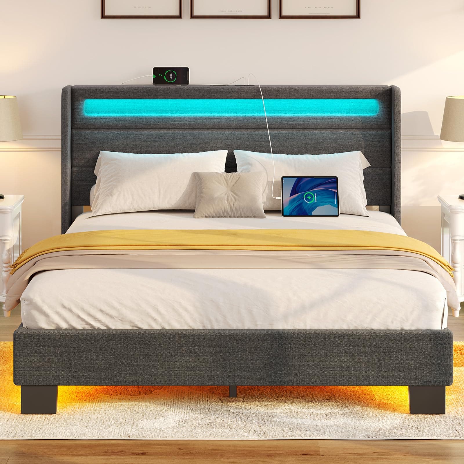 Rolanstar Bed Frame Full Size with LED Lights and Charging Station, Upholstered Bed with Motion Activated Night Light and Wood Slats, Dark Grey