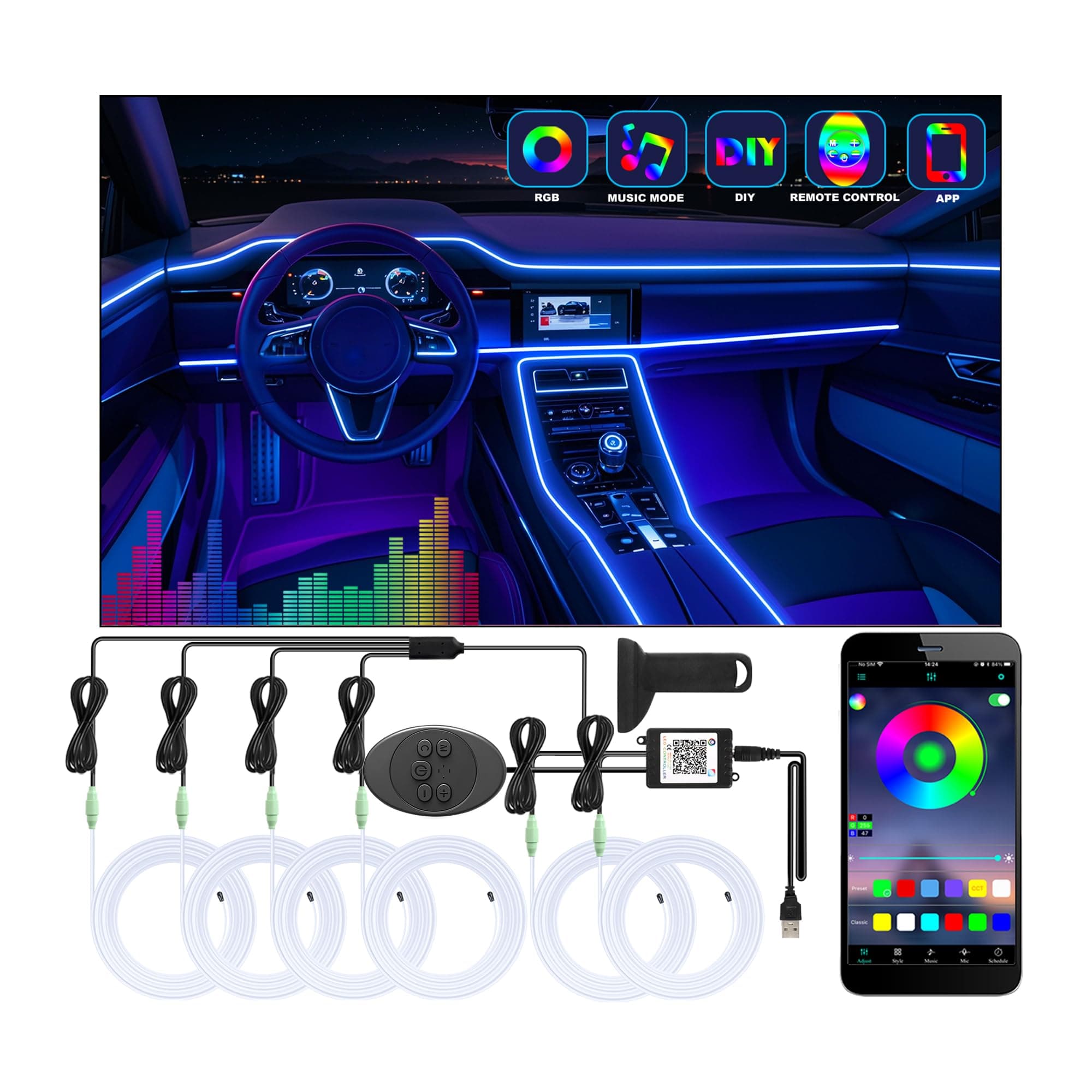 6 in 1 Car Led Strip Lights with App Control, RGB Colors Interior Car Lights, Ambient Led Lighting Kit, 4 Light Flashing Modes, USB Neon Accessories for Doors, Center Console