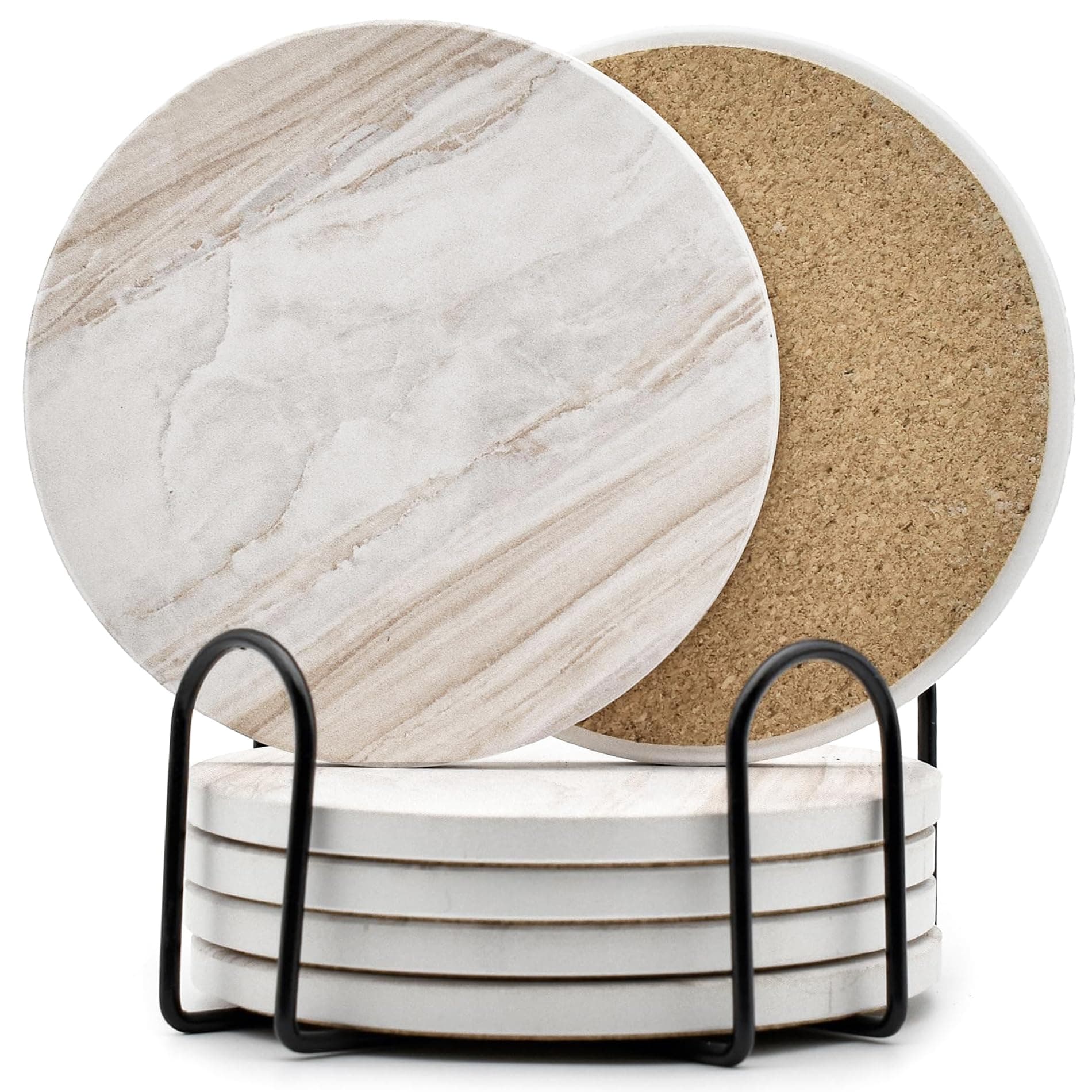 6Pcs Drink Coasters with Holder, Marble Style Ceramic Drink Coaster, Absorbent Coasters Set Suitable for Kinds of Cups, Modern Style Coaster for Coffee Table, 4 Inches