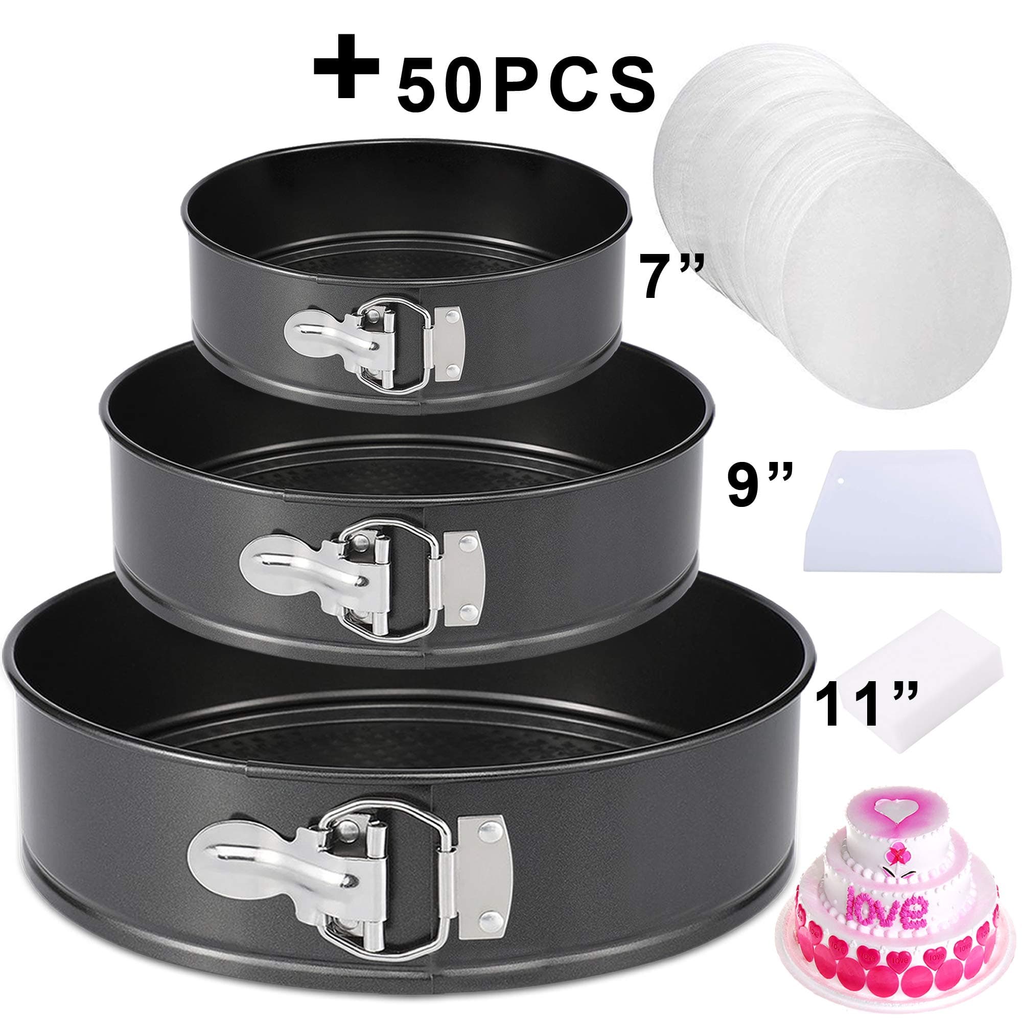 Springform Pan Set, Nonstick Cheesecake Pan, Leakproof Round Cake Pan Set Includes 3 Pieces 7" 9" 11" Springform Pans with Removable Bottom and 60 Pcs Parchment Paper liners