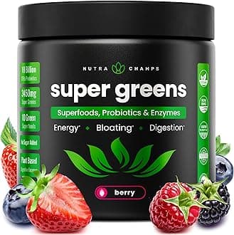 NutraChamps Super Greens Powder Premium Superfood | 20+ Organic Green Veggie Whole Foods | Wheat Grass, Spirulina, Chlorella & More | Antioxidant, Digestive Enzyme & Probiotic Blends