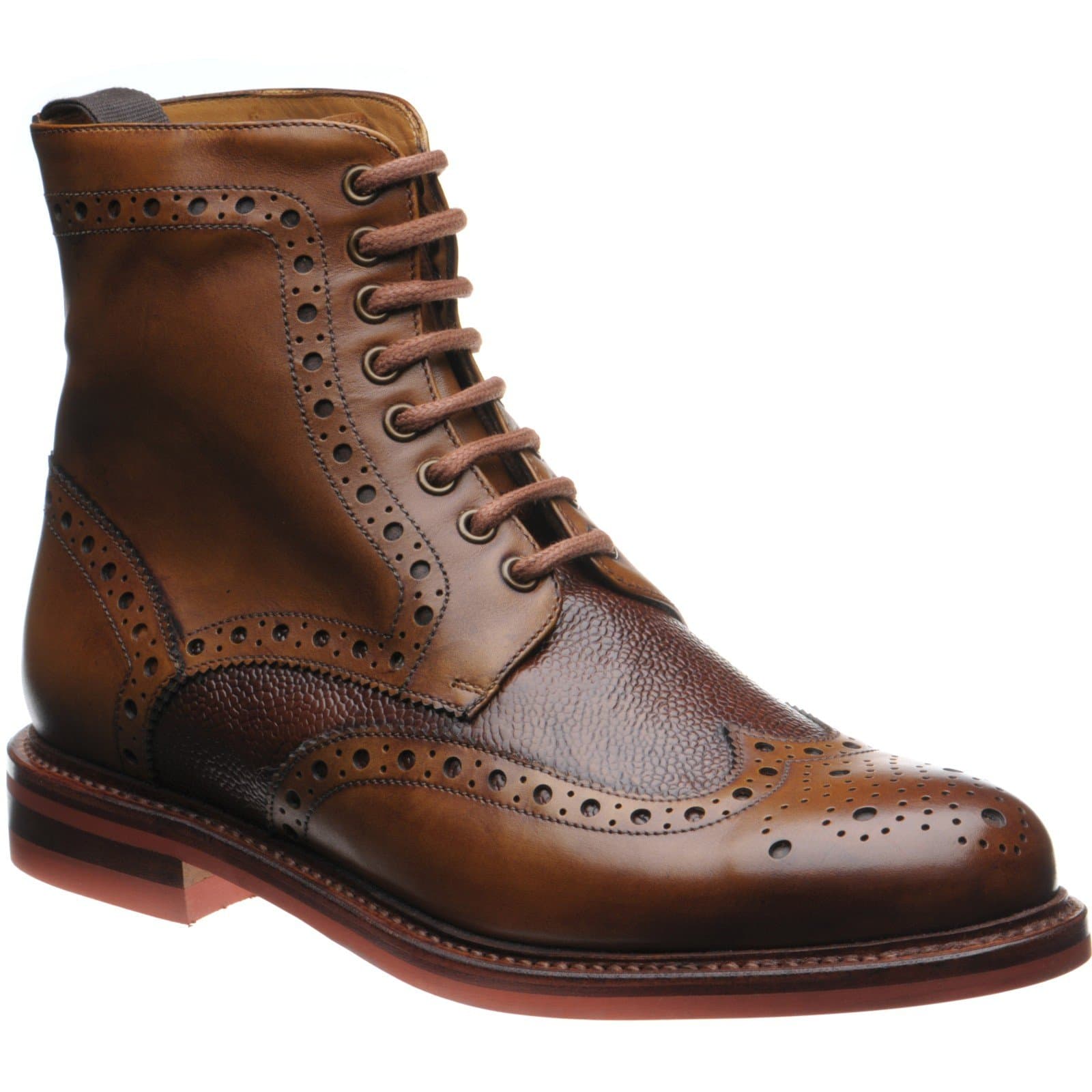 Herring Redgrave two-tone rubber-soled brogue boots in Tan Calf and Burgundy Grain