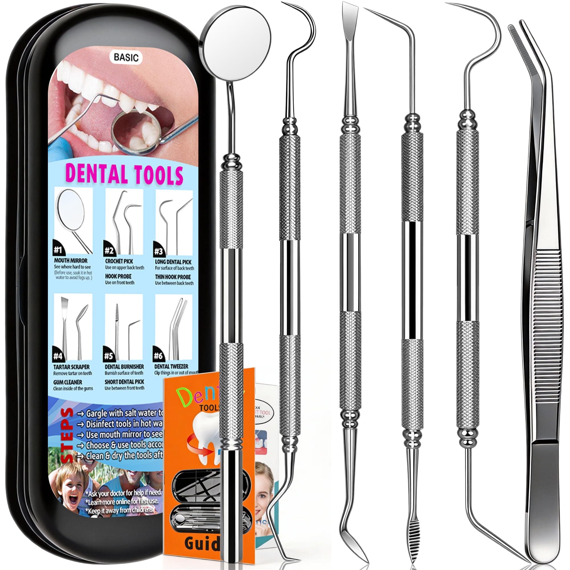Dental Tools Plaque Remover Teeth Cleaning Tool﻿s Kit 6 Pcs Dental Care Kit Stainless Steel Dental Pick Tartar Remover Tool for Home/Travel/Pet Care-Storage Case Included