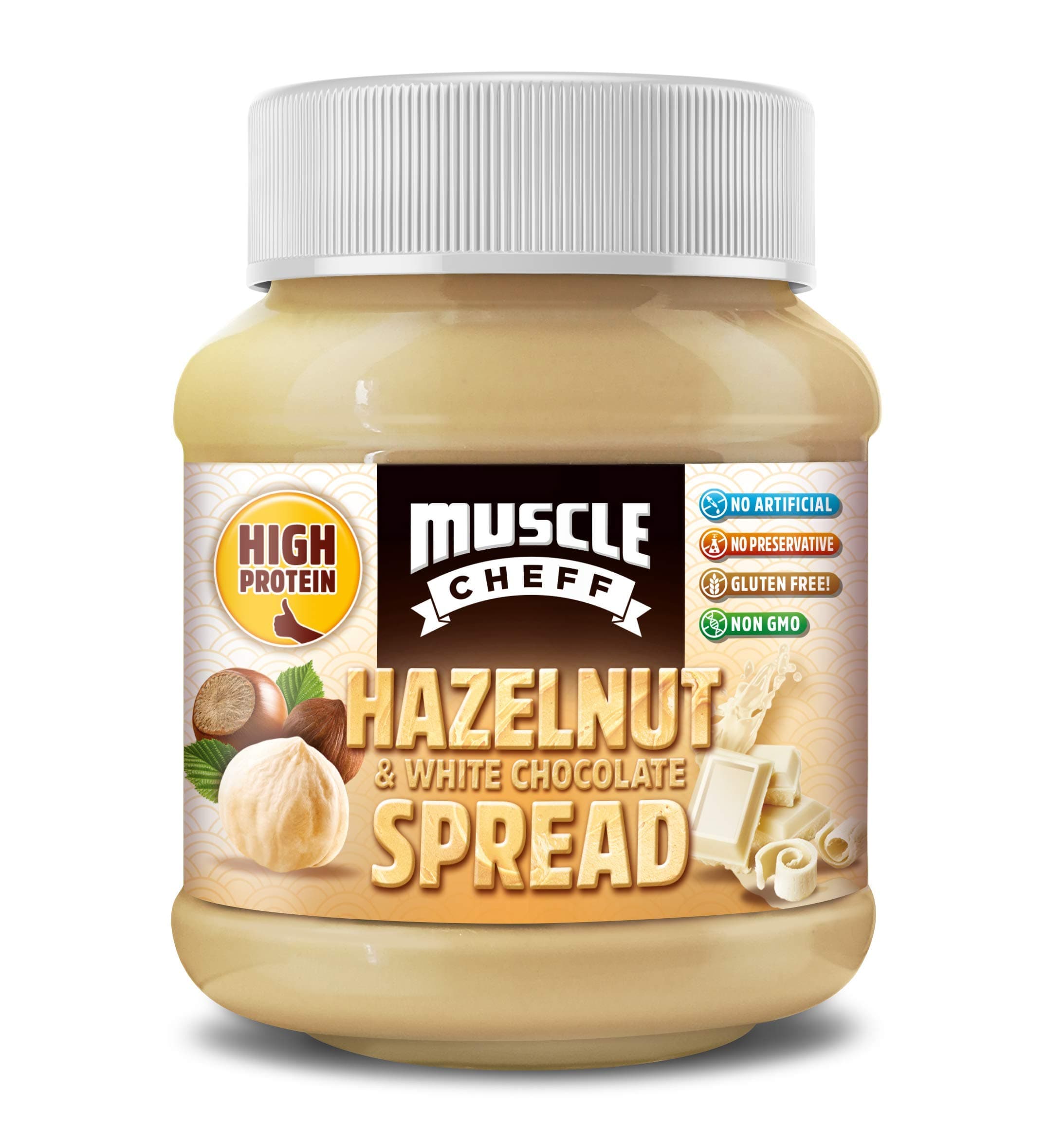 [Improved Formula] Muscle Cheff High Protein Low Sugar Healthy Spread Hazelnut & White Chocolate, 1 x 350 Jar