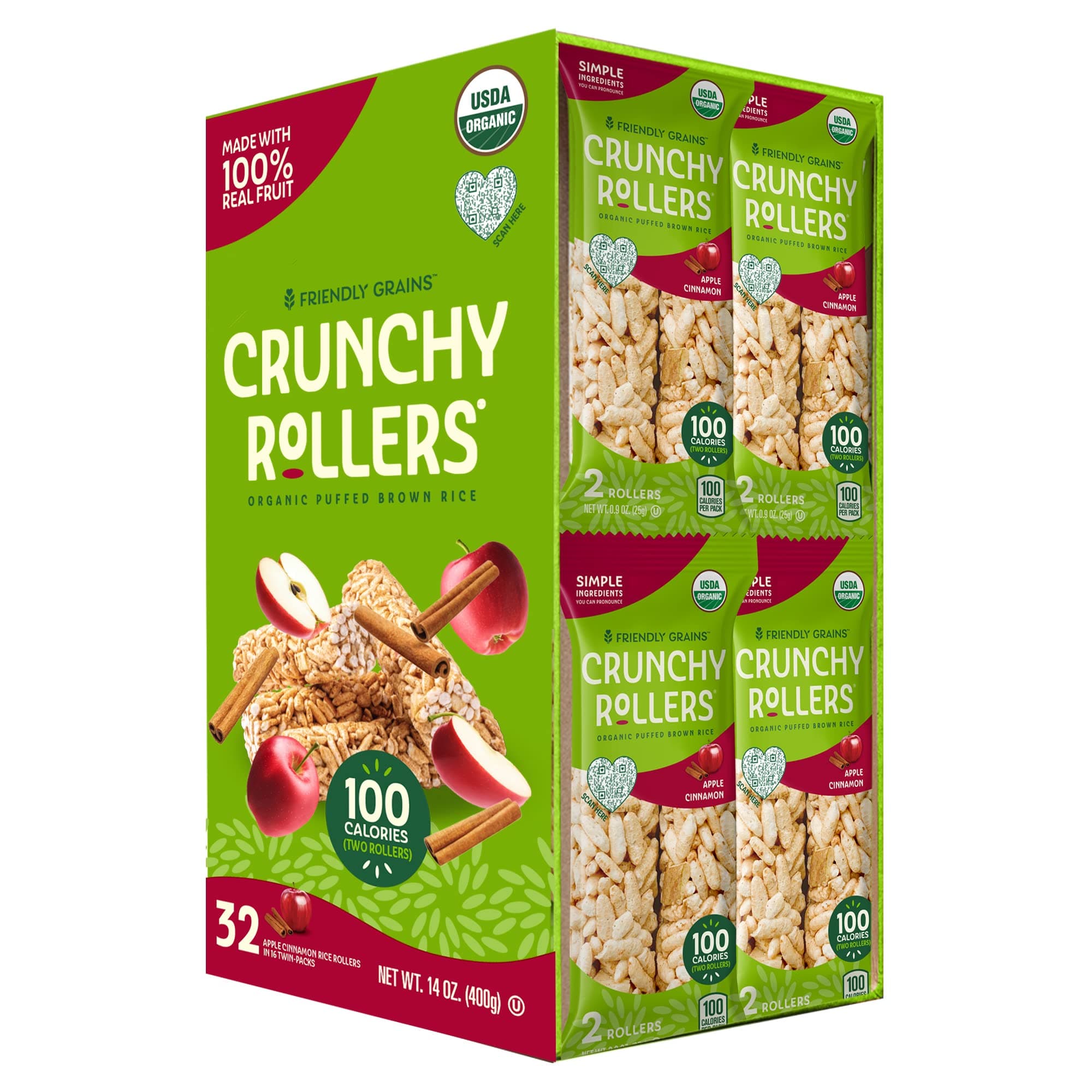 Apple Cinnamon Crunchy Rollers - Organic Rice Snacks, Crispy Puffed Rice Rolls, Healthy Snack Rolls for Adults and Kids - Friendly Grains (16 packs of 2)