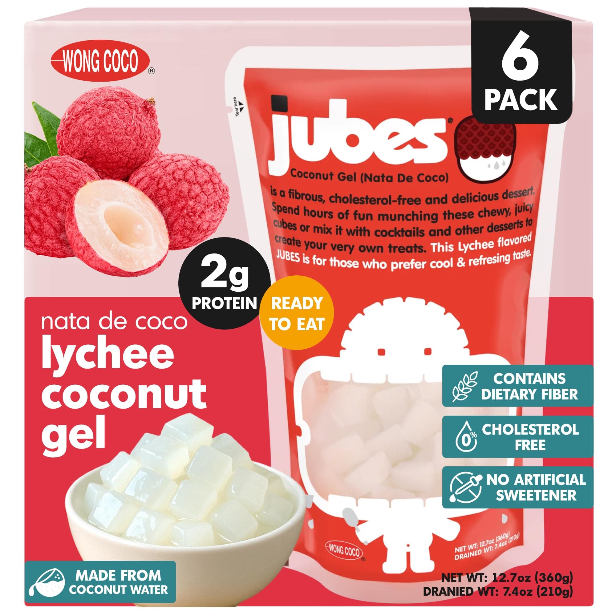 Jubes Lychee Nata De Coco Jelly Cubes (12.7 oz, Pack of 6) - Lychee Coconut Jelly Cubes for Sago - Coconut Gel in Syrup Toppings for Fruit Tea, Boba, Bubble Tea, Drinks, Desserts Yogurt, Ice Cream, Beverage