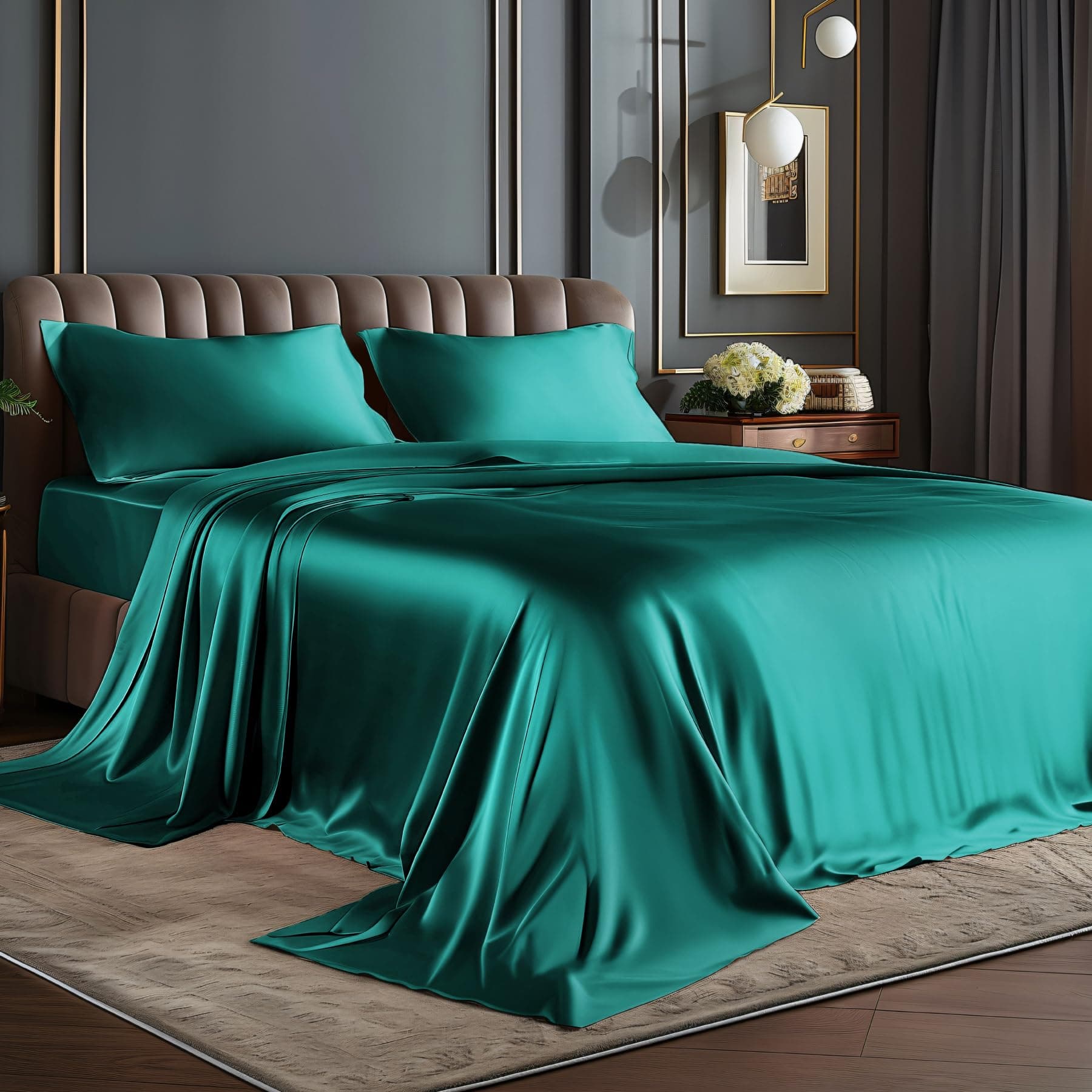 BEDELITE Satin Sheets Queen Size Bed Set, Luxury Soft Teal Silky Sheets for Hair and Skin, Similar to Silk Bed Sheets Set 4 Pieces (1 Deep Pocket Fitted Sheet, 1 Flat Sheet, and 2 Pillowcases)