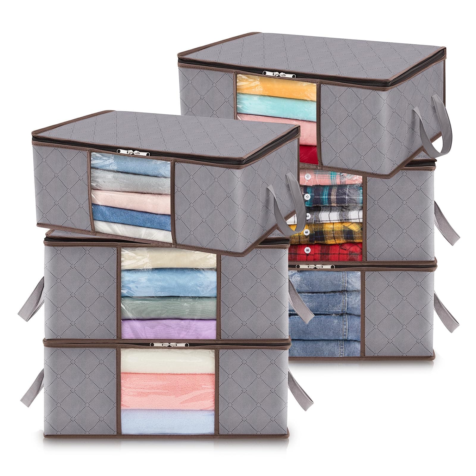 Lifewit 6 Pack Clothes Storage Bag, Foldable Storage Bin Closet Organizer with Reinforced Handle, Sturdy Fabric Blanket Storage with Clear Window, Storage Containers for Clothing, Bedding, Light Gray