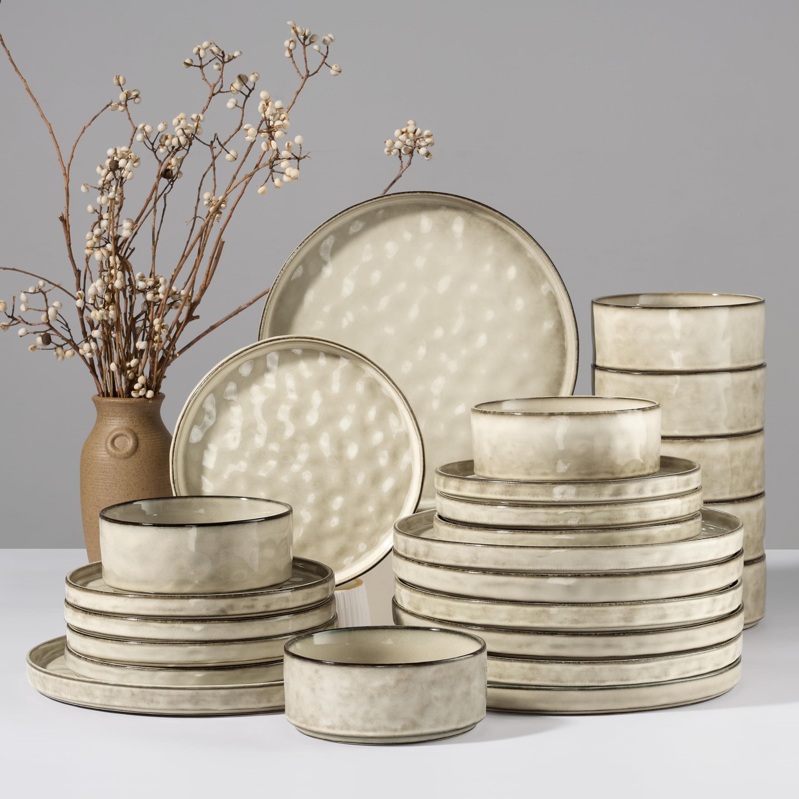 HaWare Dinnerware Sets, 24-Piece Plates and Bowls Set, Stoneware Dish Set for 8, Ceramic Dinnerware for Home Restaurant, Chip and Scratch Resistant, Microwave and Dishwasher Safe, Reactive Khaki