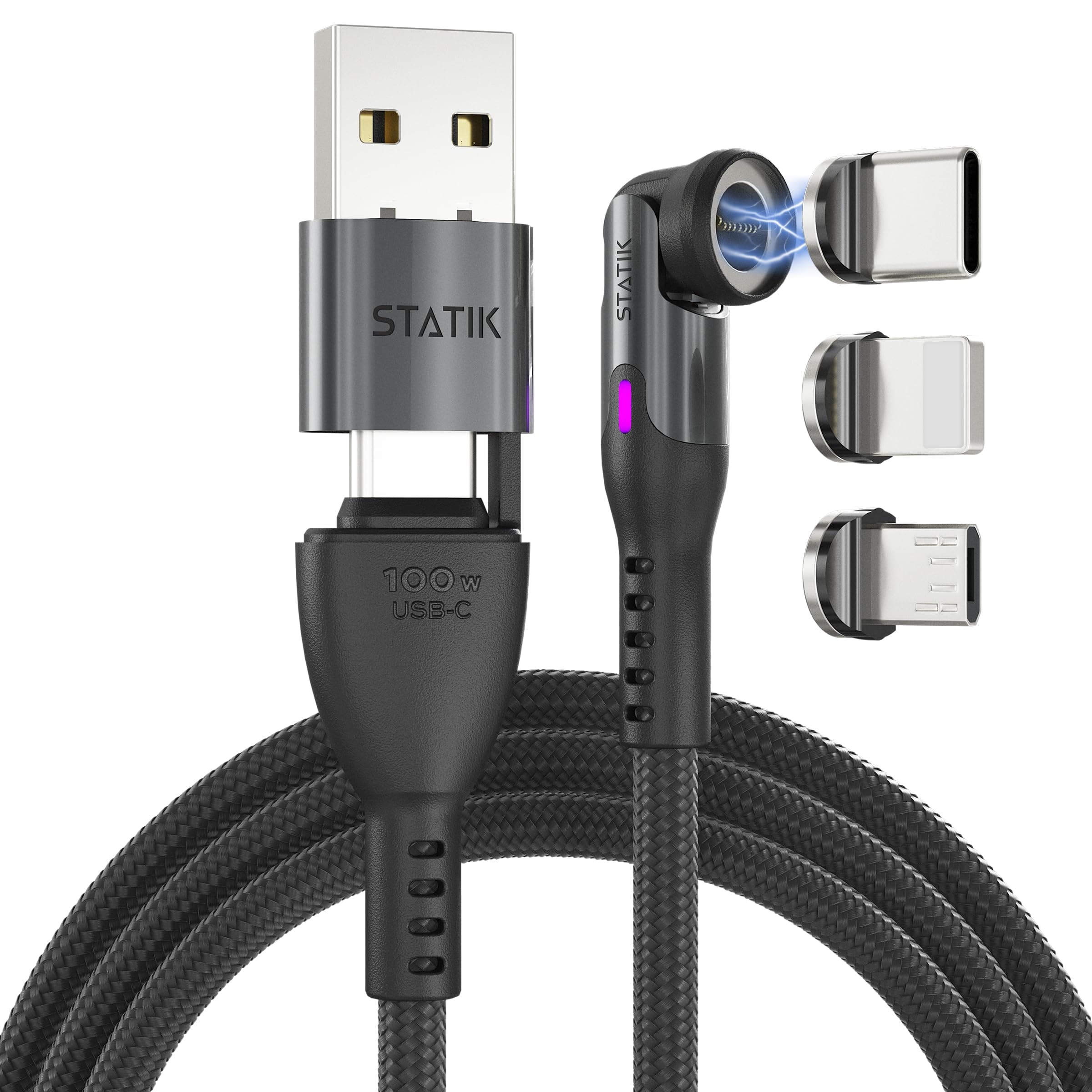 - Statik 360 Pro Magnetic Charging Cable - Type C Charger Fast Charging 3 in 1 USB C to USB C Cable, Micro USB & iProduct Tips, USB A Adapter, Fits All Devices - 100W Fast Charger, Black 6FT/2M