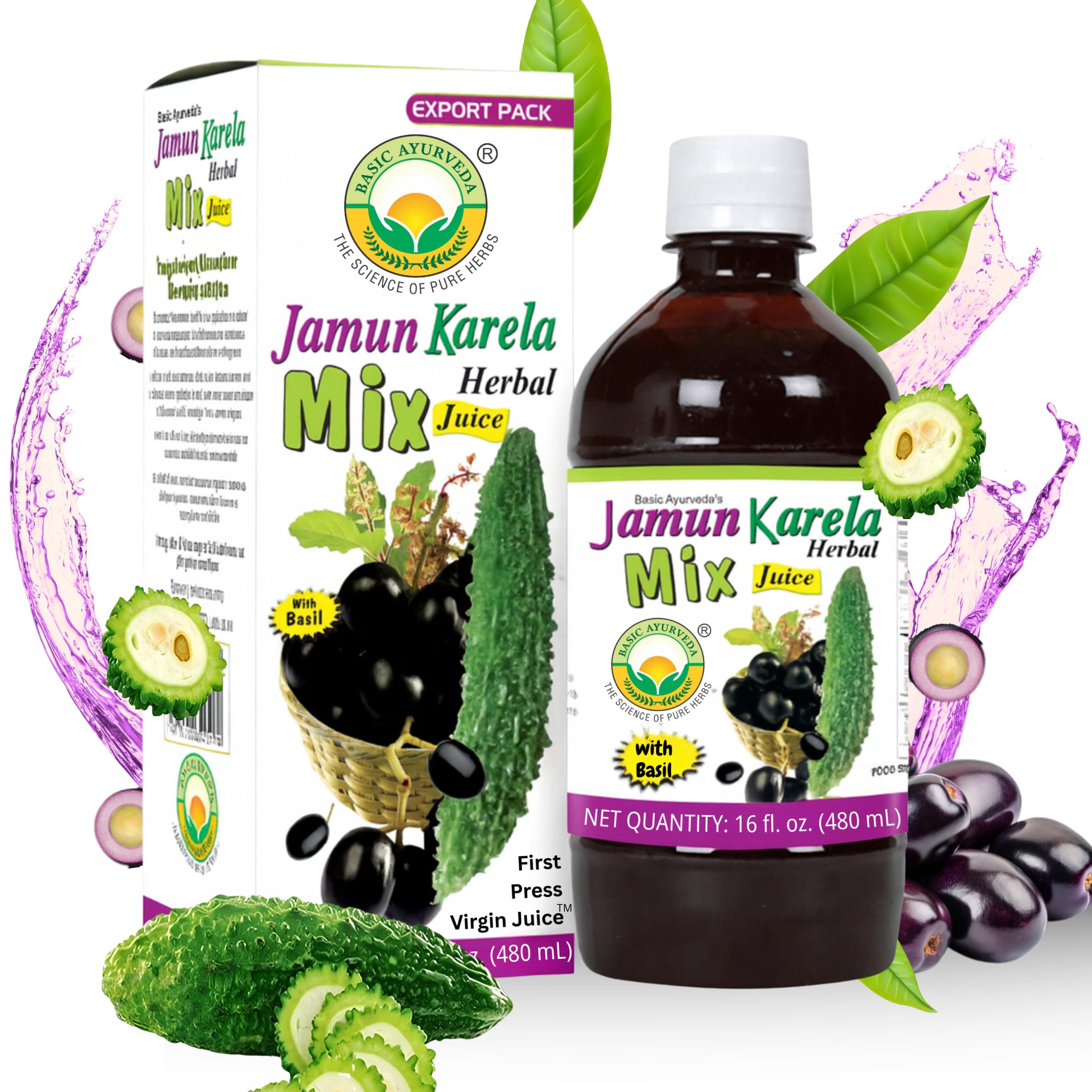 Jamun Karela Herbal Mix Juice with Holy Basil | 16.23 Fl Oz (480ml) | Natural Indian Black Berry & Bitter Gourd Juice | Plant-Based Ayurvedic Wellness Drink | No Added Sugar