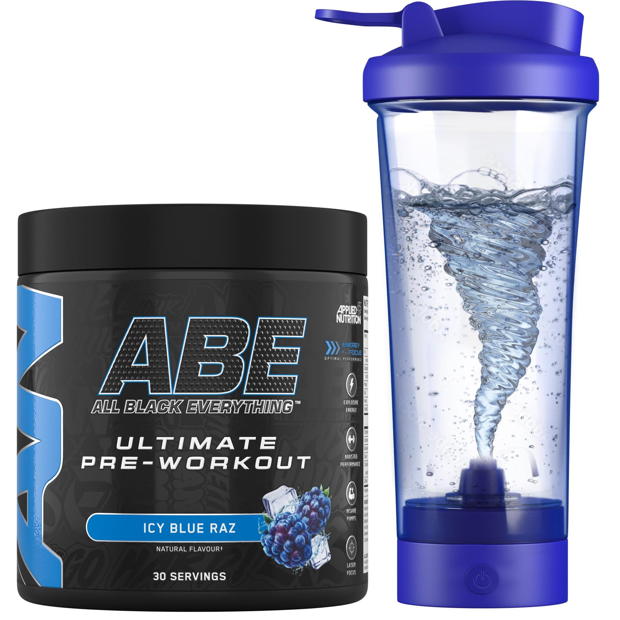 Bundle ABE Pre Workout 375g + Electric Shaker | All Black Everything Pre Workout Powder, Energy Drink, Physical Performance, Creatine, Beta Alanine, Caffeine (ICY Blue Raz)