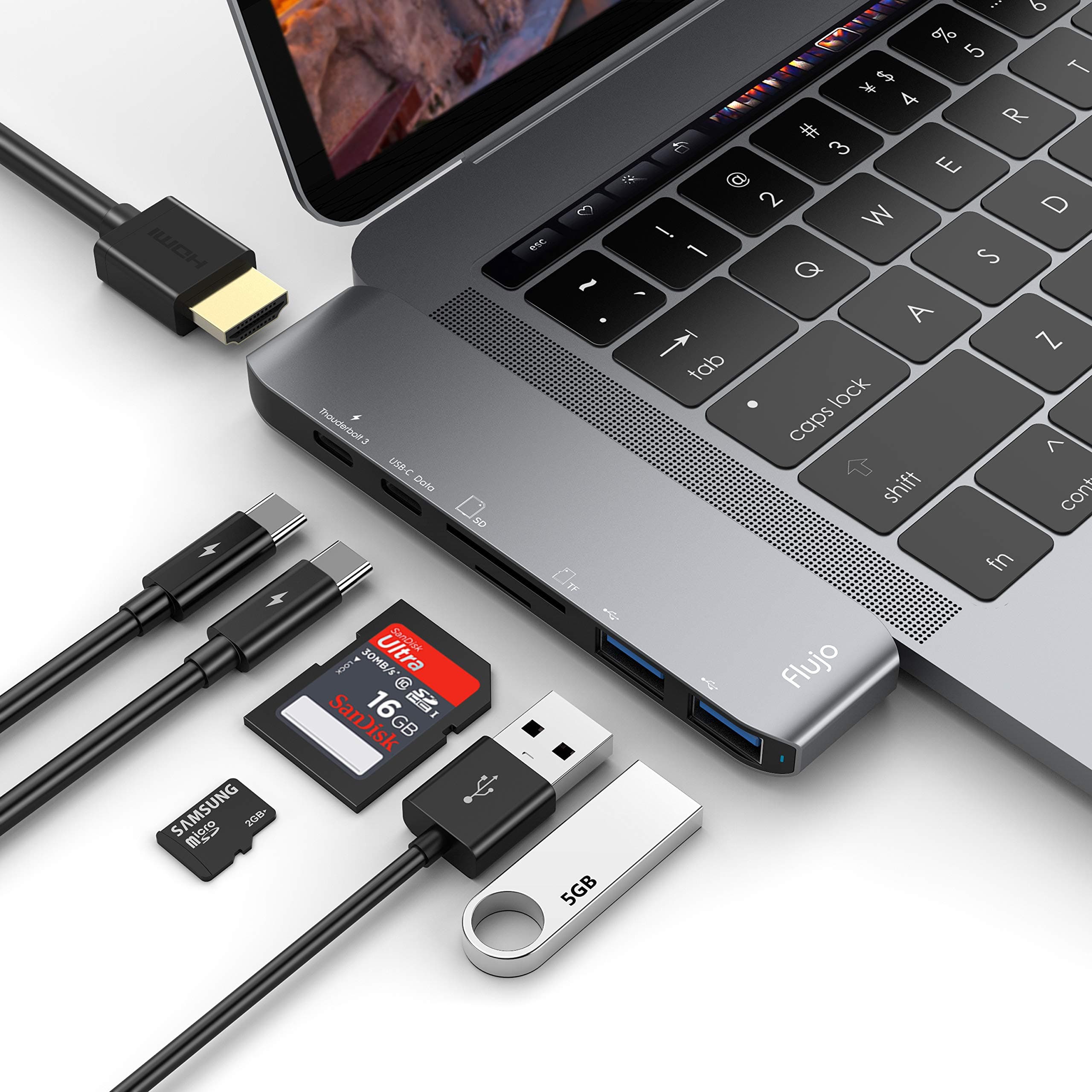 Flujo USB C HUB Adapter for MacBook Pro 13/15/16 inch 2017/2018/2019 MacBook Air, with 4K HDMI, 2 USB3.0, Mirco SD/SD Card Reader, Thunderbolt 3, 100W Power Delivery (Space Gray)