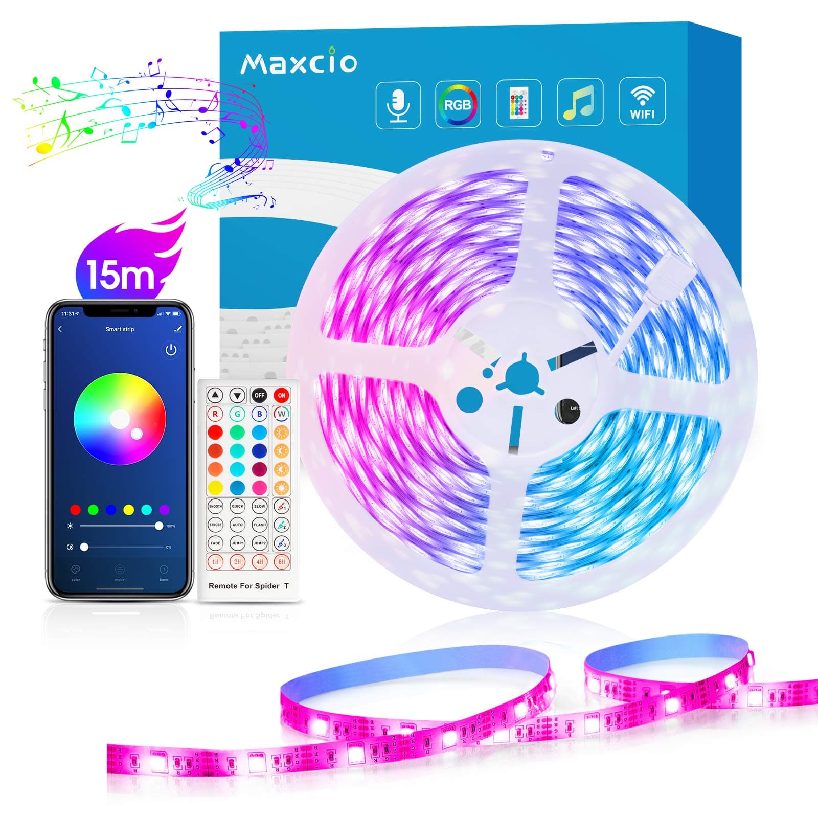 Maxcio Smart LED Strip Lights 15M, WiFi LED Light Strips with IR Remote, Music Sync Color Changing RGB LED Strip, Alexa Google Home Accessories, , SmartLife APP Control, Timer & Schedule Home Decor