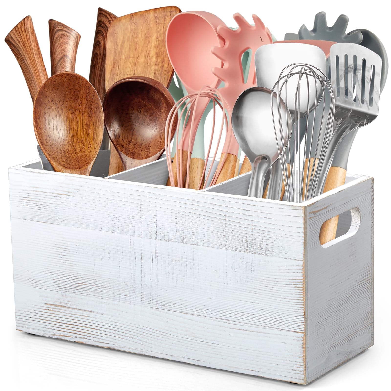 ALELION Rustic White Utensil Holder with Removable Divider - 3 Compartment Wooden Utensil Caddy Organizer for Kitchen Counter - Cooking Utensil Crock for Countertop