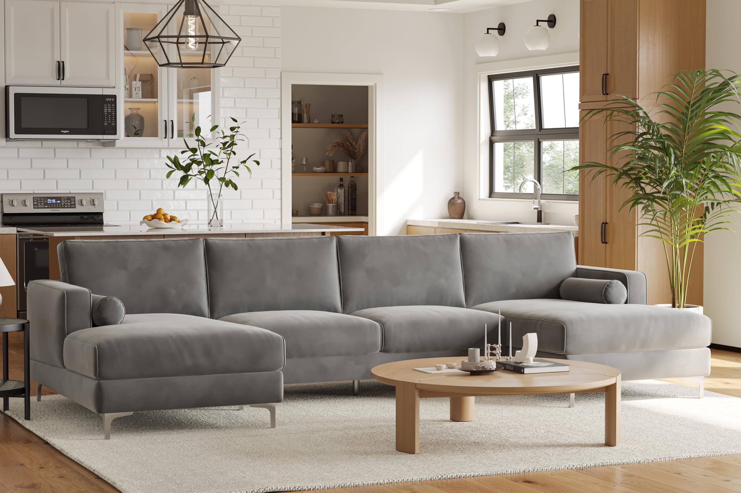 Valencia U shape Sofa, Gray Corner Sofa, Upholstered Modular Sofa, Luxury Fabirc 6 Seater Sofa for Living Room, Helio - Grey