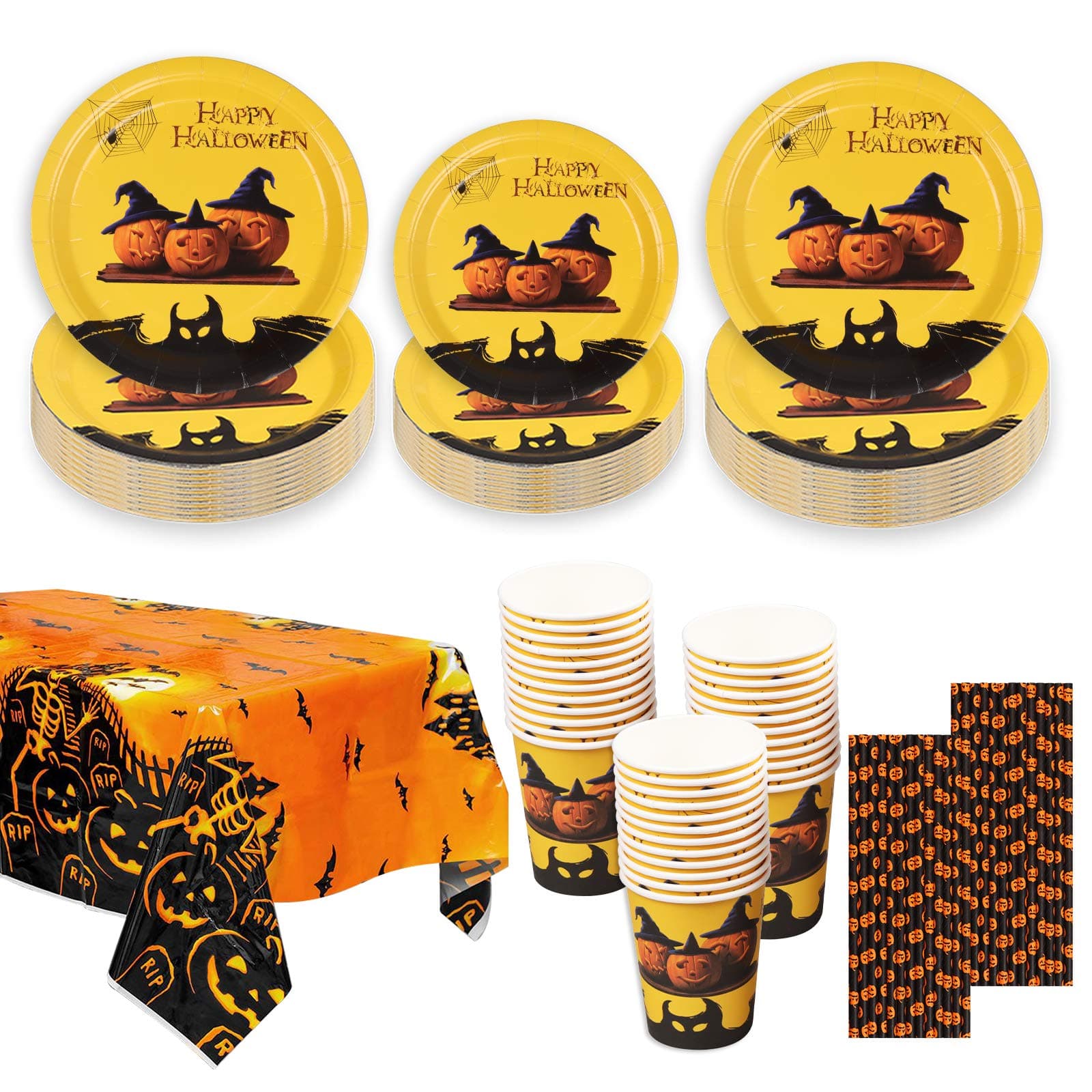 HusDow Halloween Party Tableware Include Halloween Paper Plates and Cup, Pumpkin Paper Straws ,Pumpkin Table Cloth for 24 Guest