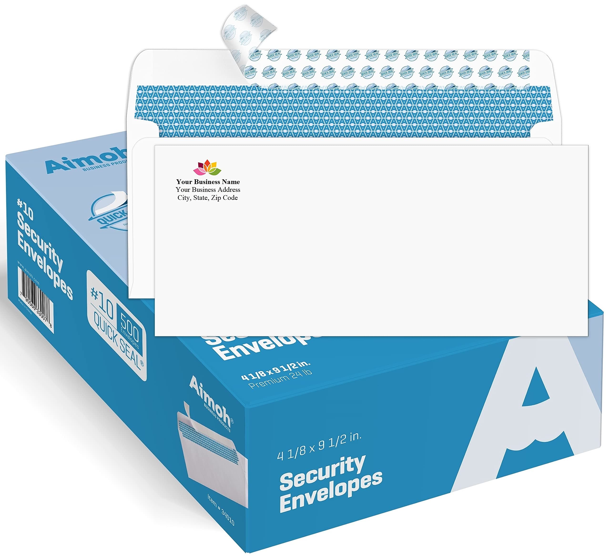 Aimoh 500#10 Custom Printed Security Tinted Self-Seal Envelopes - Personalized with Logo and Address/Return Address Imprinted -Size 4-1/8 X 9-1/2" -White -24 LB -Box of 500 Count (7-34010-500)