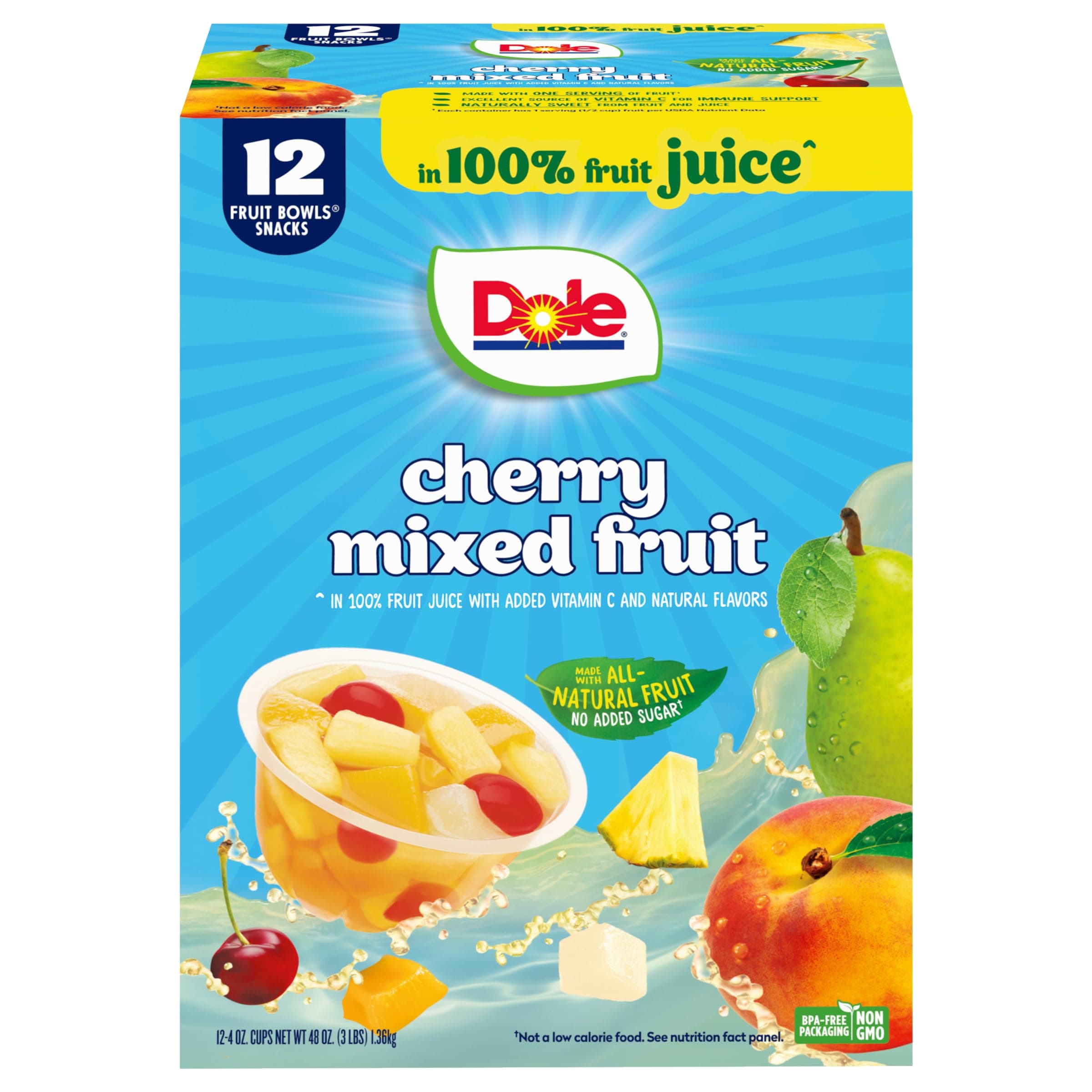 Dole Cherry Mixed Fruit Fruit Bowls Snack in 100% Fruit Juice 12 - 4 oz Cups