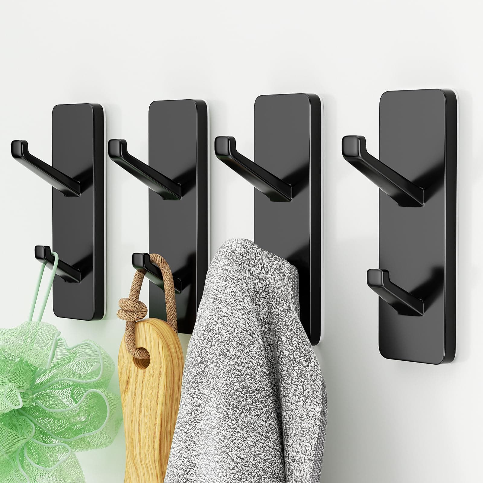 4 Pack Black Adhesive Hooks, Sticky Hooks Extra Strong,Heavy Duty Stick On Wall Door Hooks for Hanging,Bathroom Towel Hooks,Coat Hooks Robe Hook Wall Mounted, Kitchen Hallway Hooks,Stainless