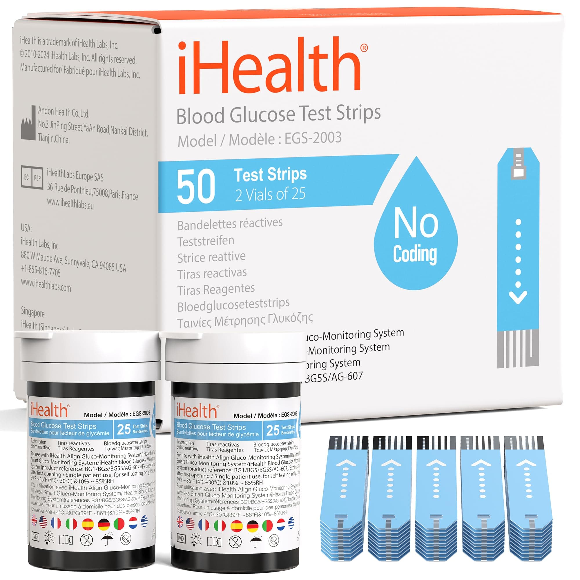 Blood Glucose Test Strips (50 Count), No Coding Blood Sugar Test, Precision Sugar Measurement for Diabetics, Strips Work Only in iHealth Glucose Meters