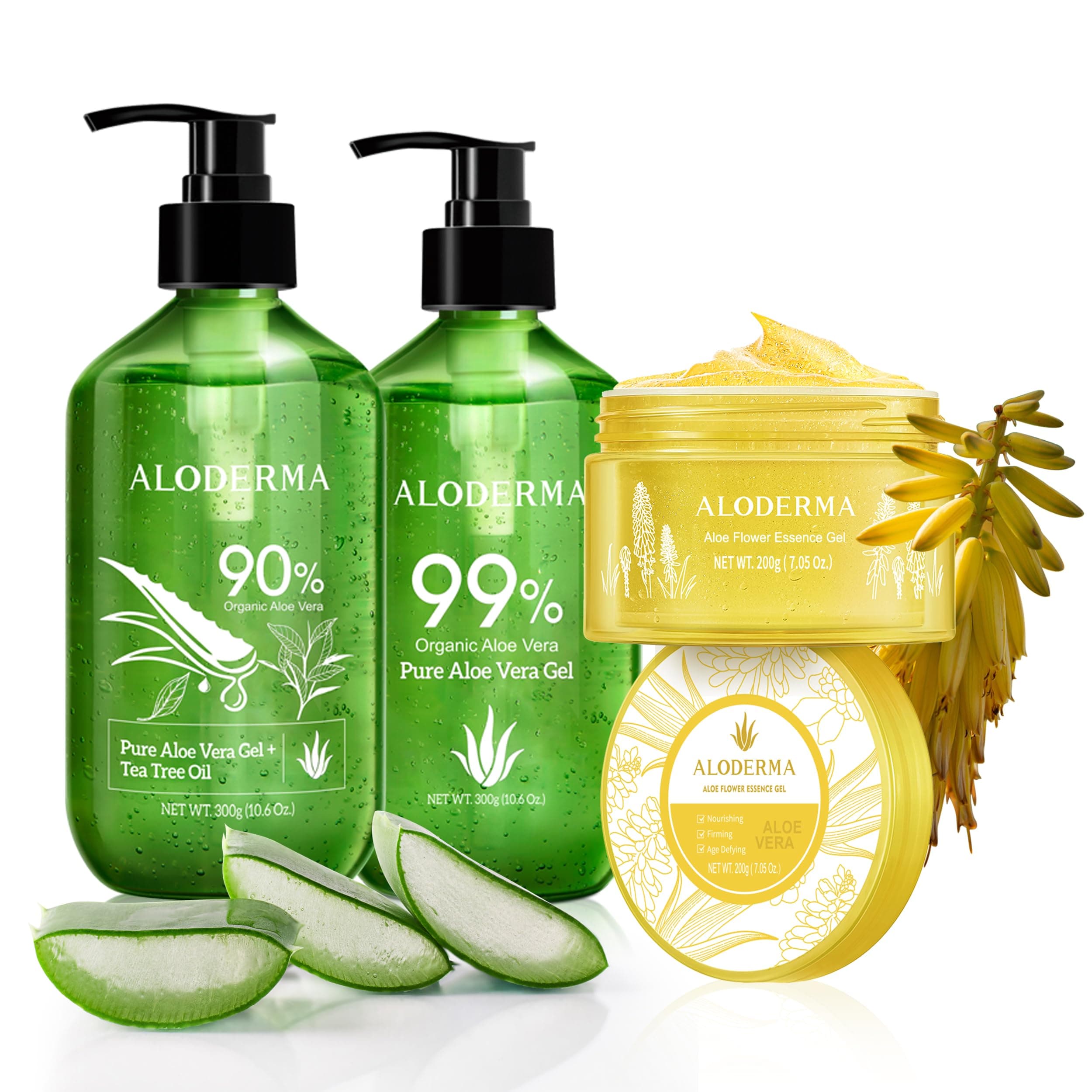 AlodermaAloe Vera Gel Set 3 Pack - Aloe Flower Essence Gel, Pure Aloe Vera Gel, Aloe Vera Gel + Tea Tree Oil