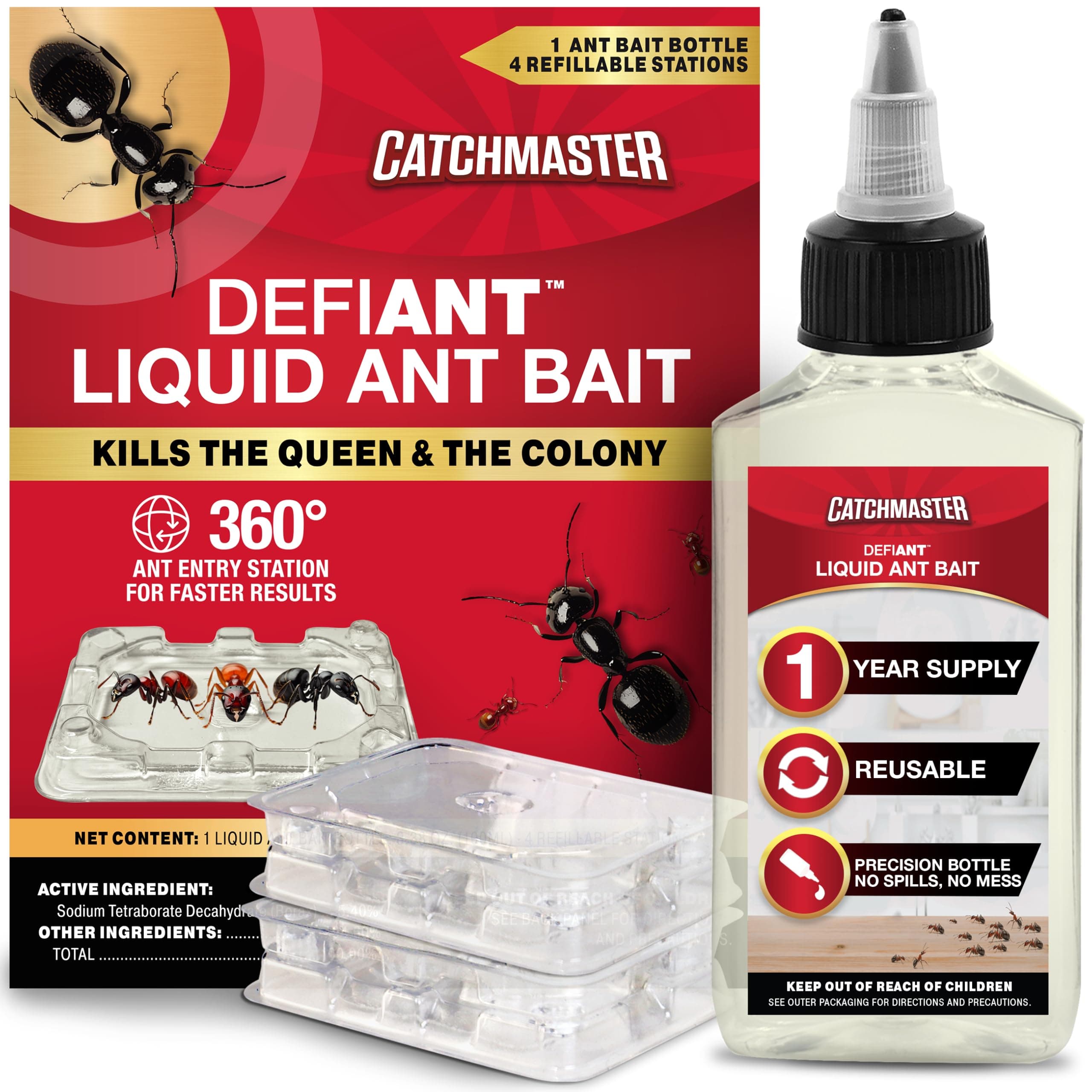 Catchmaster Defiant Premium Liquid Ant Killer, 1-Year Supply, Kills the Queen and Colony, No Mess Precision Bottle, Reusable Ant Traps Indoor & Outdoor, Pest Control Traps, Made in USA