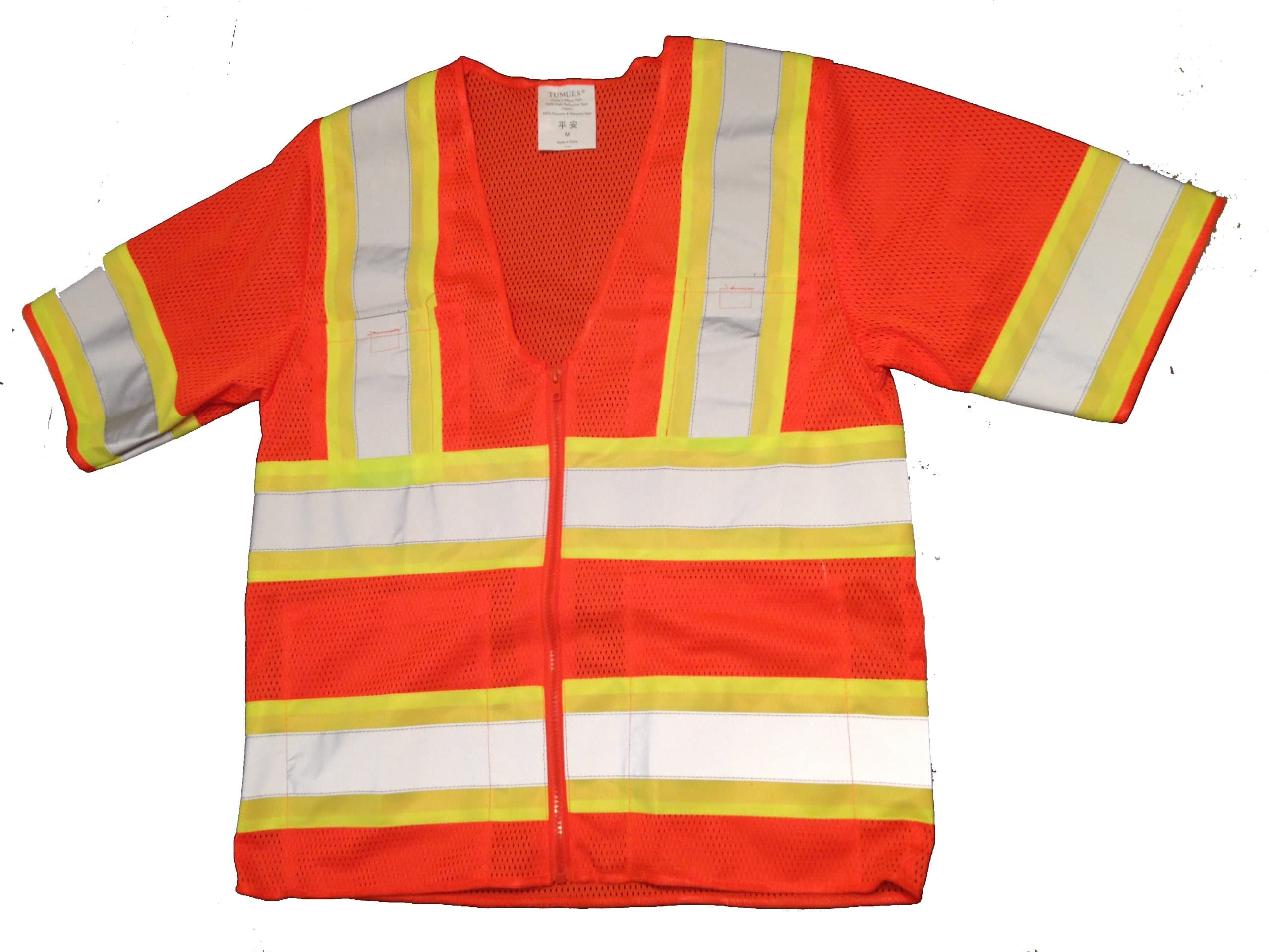 Polyester Mesh ANSI Class 3 Safety Vest with Short Sleeves 4 Pockets Reflective Tape Orange Large