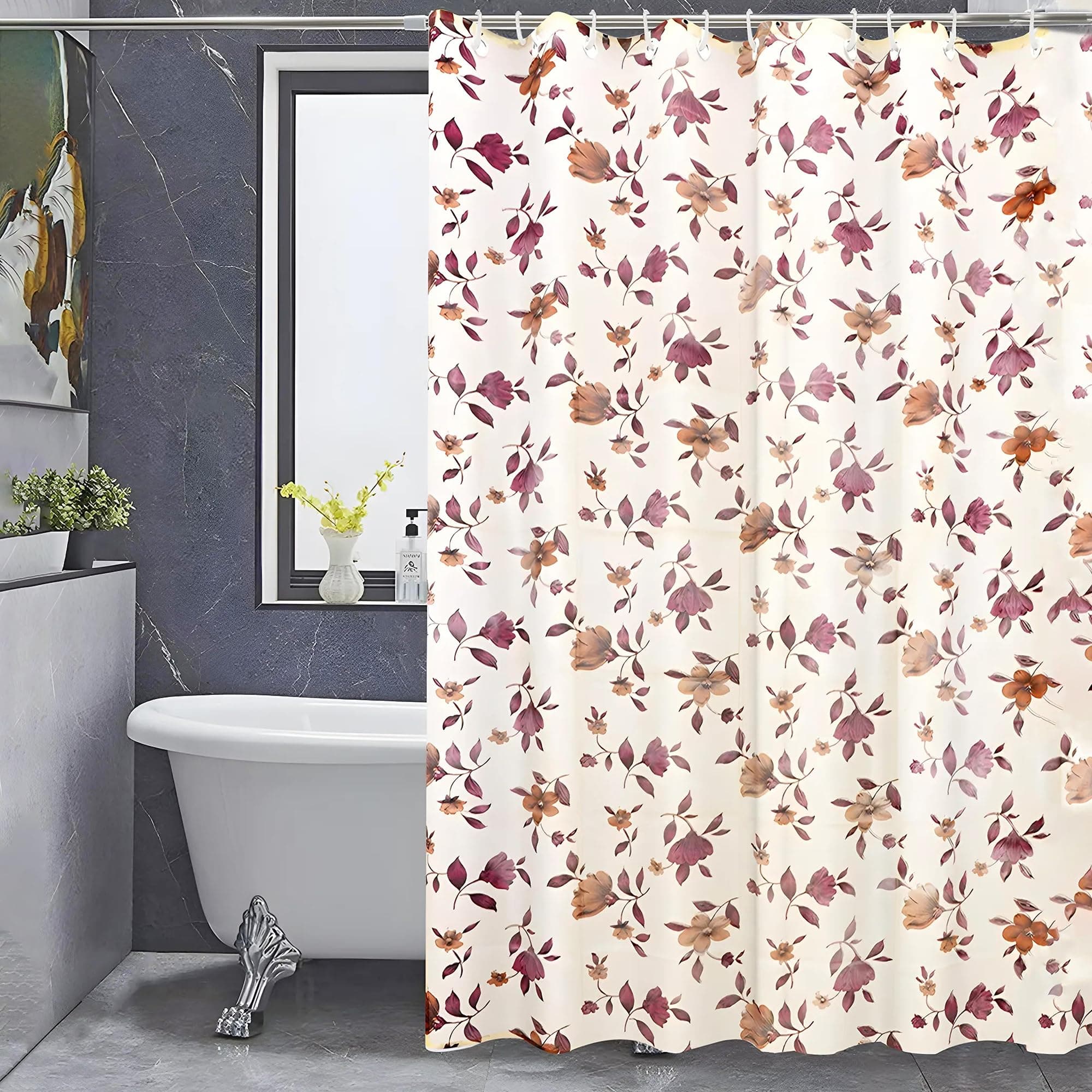 Kuber Industries Leaf Design PVC Shower Curtain with 8 Hook|Size 7 Feet (Cream, Washable) | Light-Filtering