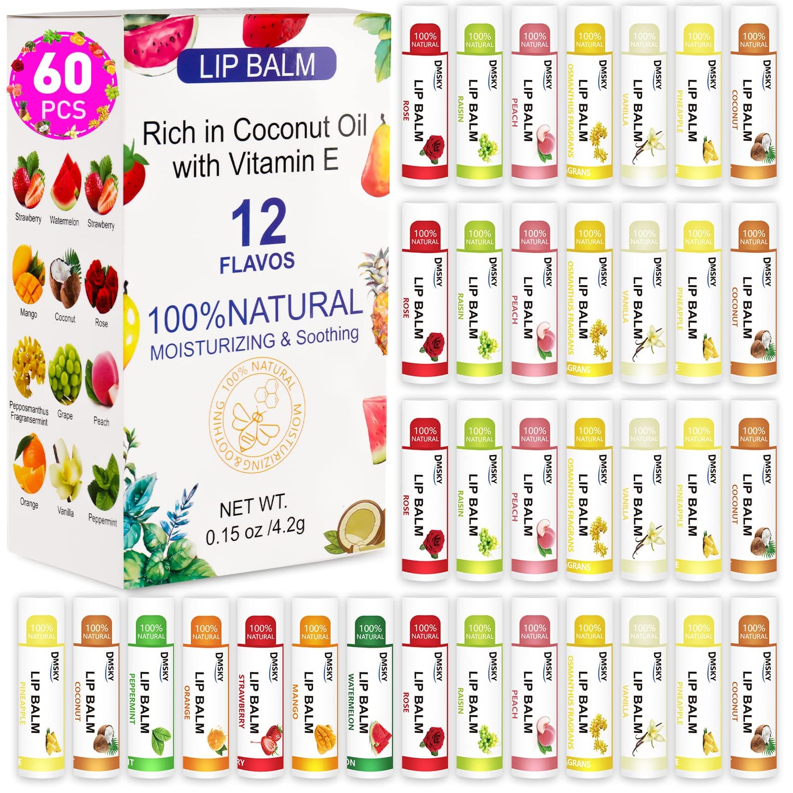 Dmsky - DMSKY 60 Pack Lip Balm Natural Bulk Lip Balm with Vitamin E and Coconut Oil Moisturizing and Soothing
