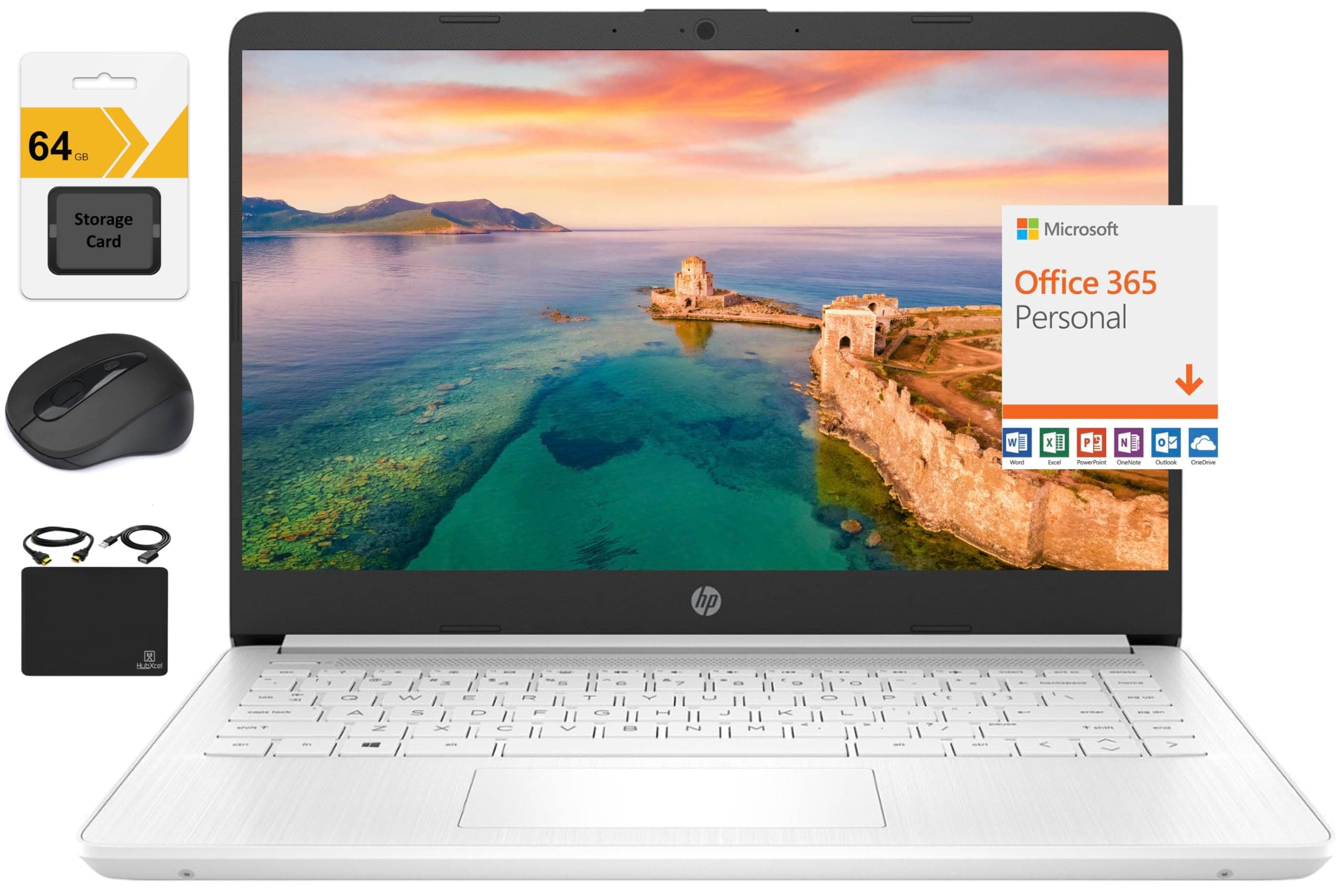 HP New 14" HD Ultral Light Thin Laptop, Quad-Core Intel Celeron Processor, 4GB RAM, 128GB (64GB eMMC+ 64GB SD), Wi-Fi, Upto 11 Hours, Windows 11 S + 1 Year Office 365+HubxcelAccessory, White