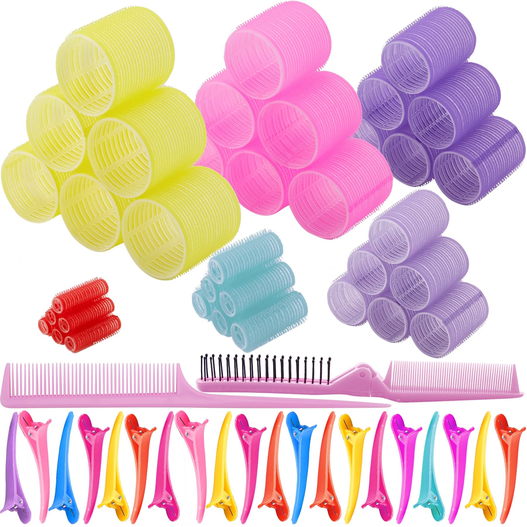FEQO 58 Pcs Self Grip Hair Rollers Set Including 36 Pcs Hair Rollers 20 Pcs Colorful Plastic Hair Clips a Foldable Pocket Comb and a Tail Comb for Women and Girls(15mm, 25mm, 36mm, 44mm, 55mm, 64mm)
