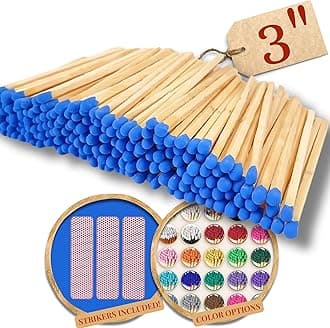200 Count - 3" Long Blue Color Matches | Three Inch Coloful Loose Wooden Safety Match Sticks for Candle Display | Refill Decorative Jar Holder Bottle | Striker Included