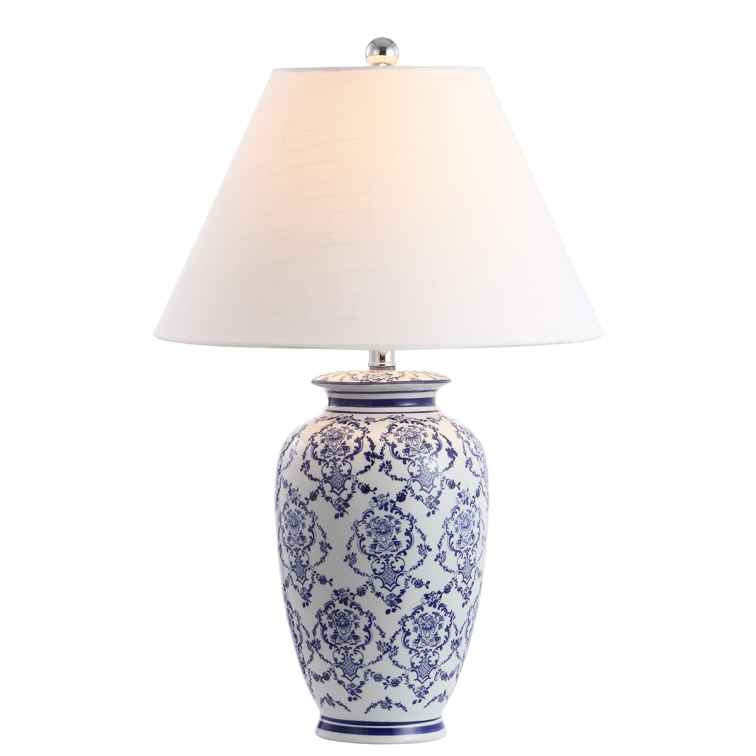 26.25" Blue/White Chinoiserie Ceramic Table Lamp, Traditional Asian-Inspired Urn Lamp for Living Room Bedroom, White Linen Shade, LED Bulb Included JYL8023A