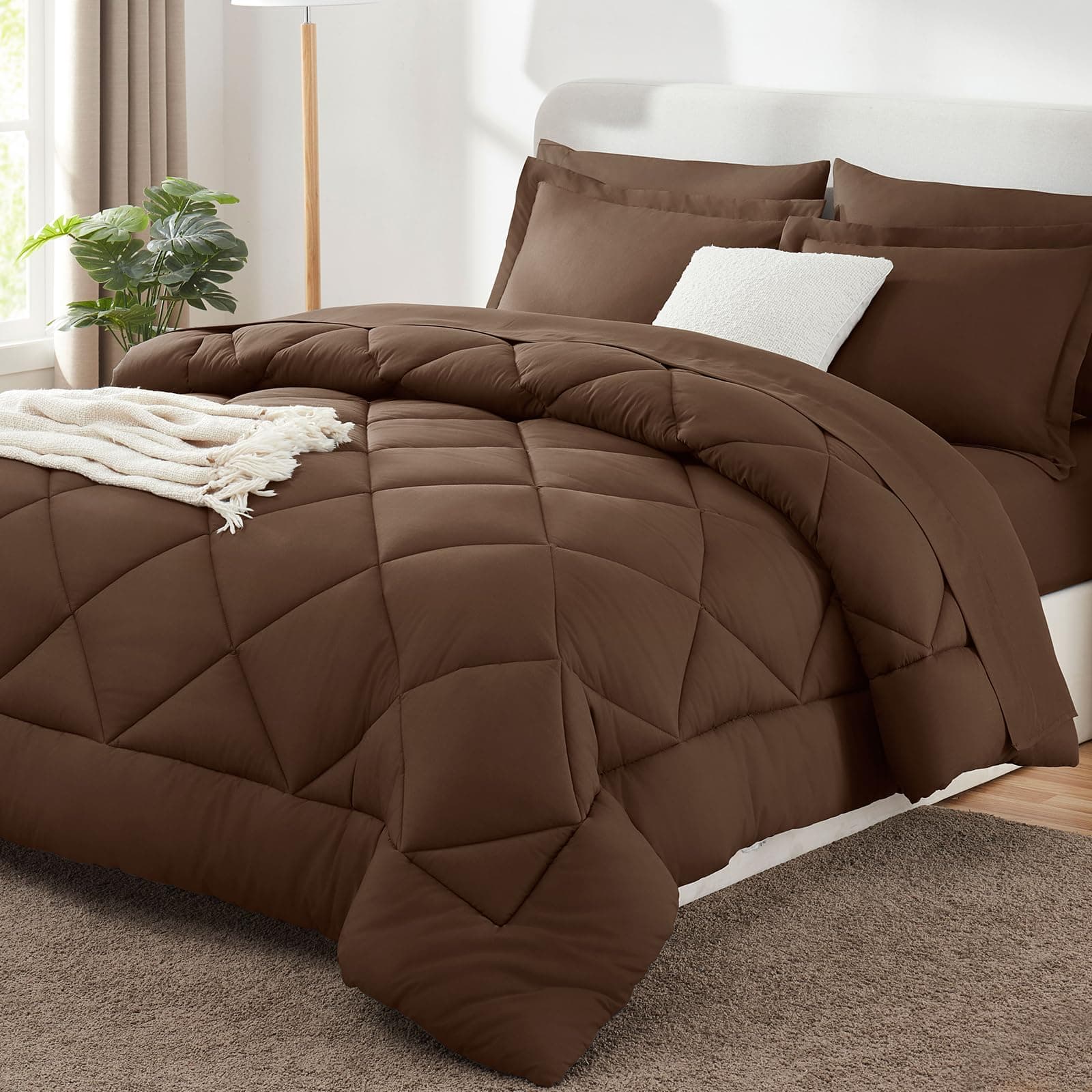CozyLux Full Size Comforter Sets Brown - 7 Pieces Bed in a Bag Full, Luxury Soft Bed Set for All Seasons, Bedding Set with Down Alternative Comforter, Sheets, Pillowcases & Shams