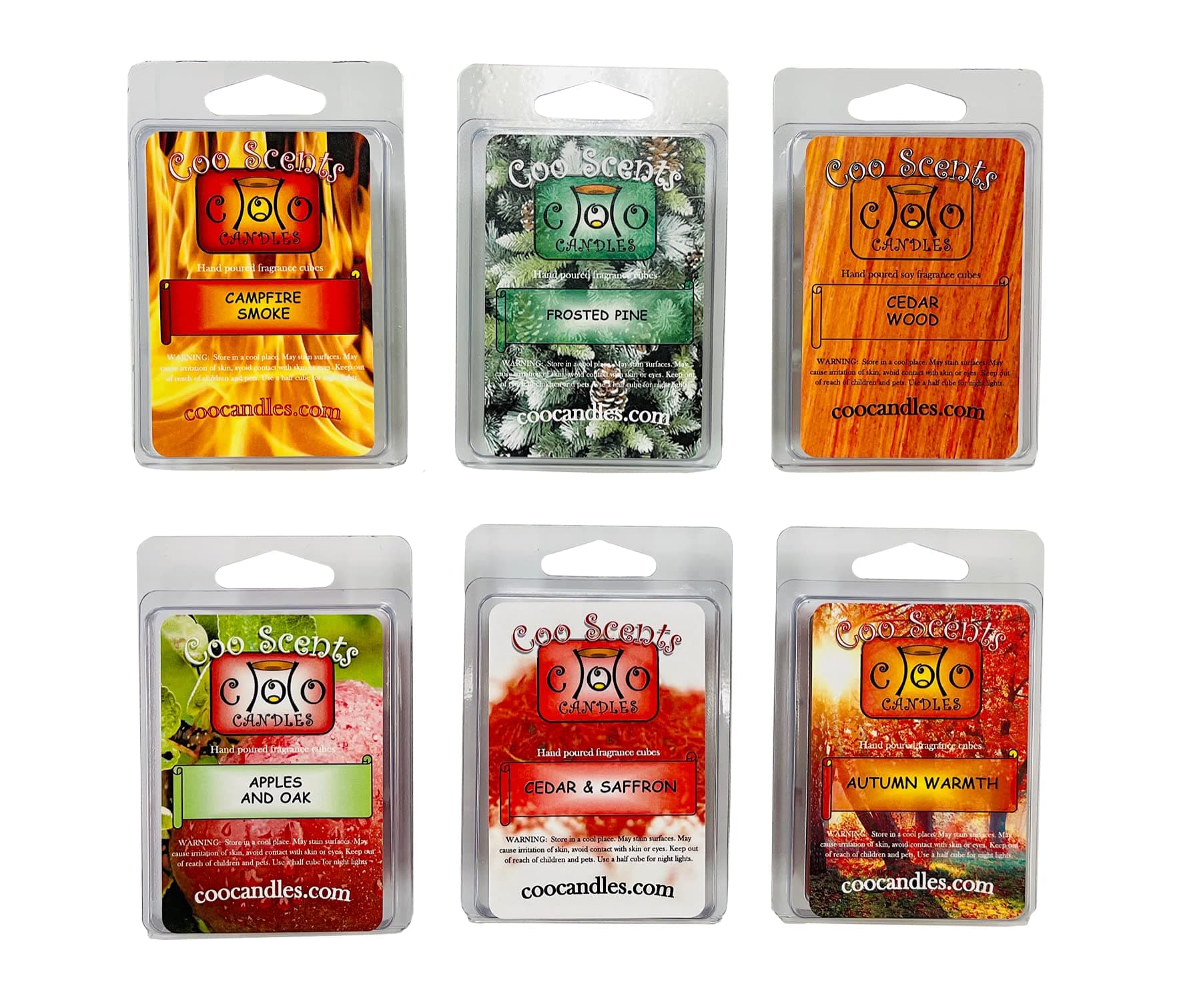 6 Pack Soy Blend Wickless Candle Wax Bar Melts - Fall or Autumn Woodsy Outdoor Pack - Cedar Wood, Cedar & Saffron, Campfire Smoke, Apples & Oak, Frosty Pine, Autumn Warmth