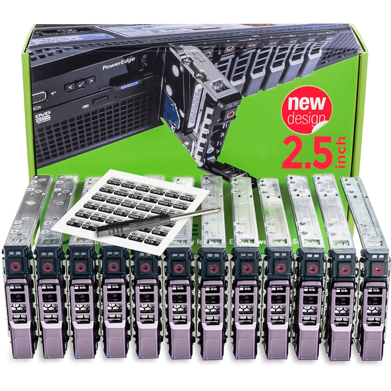 WORKDONE 12-Pack 2.5" Drive Caddy - G176J Compatible for Dell PowerEdge Servers T440 T640 R430 T430 R630 T630 R730xd R830 R930 T620 R720 R820 - Sled Sticker Labels - Manual - Additional Tray Screws
