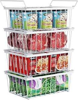 iSPECLE Freezer Organizer Bins - 4 Pack Stackable Chest Freezer Organizer for 5 Cu Ft Deep Freezer Sort Frozen Food, Deep Freezer Organizer Bins Easy to Get Food from Bottom without Digging, White