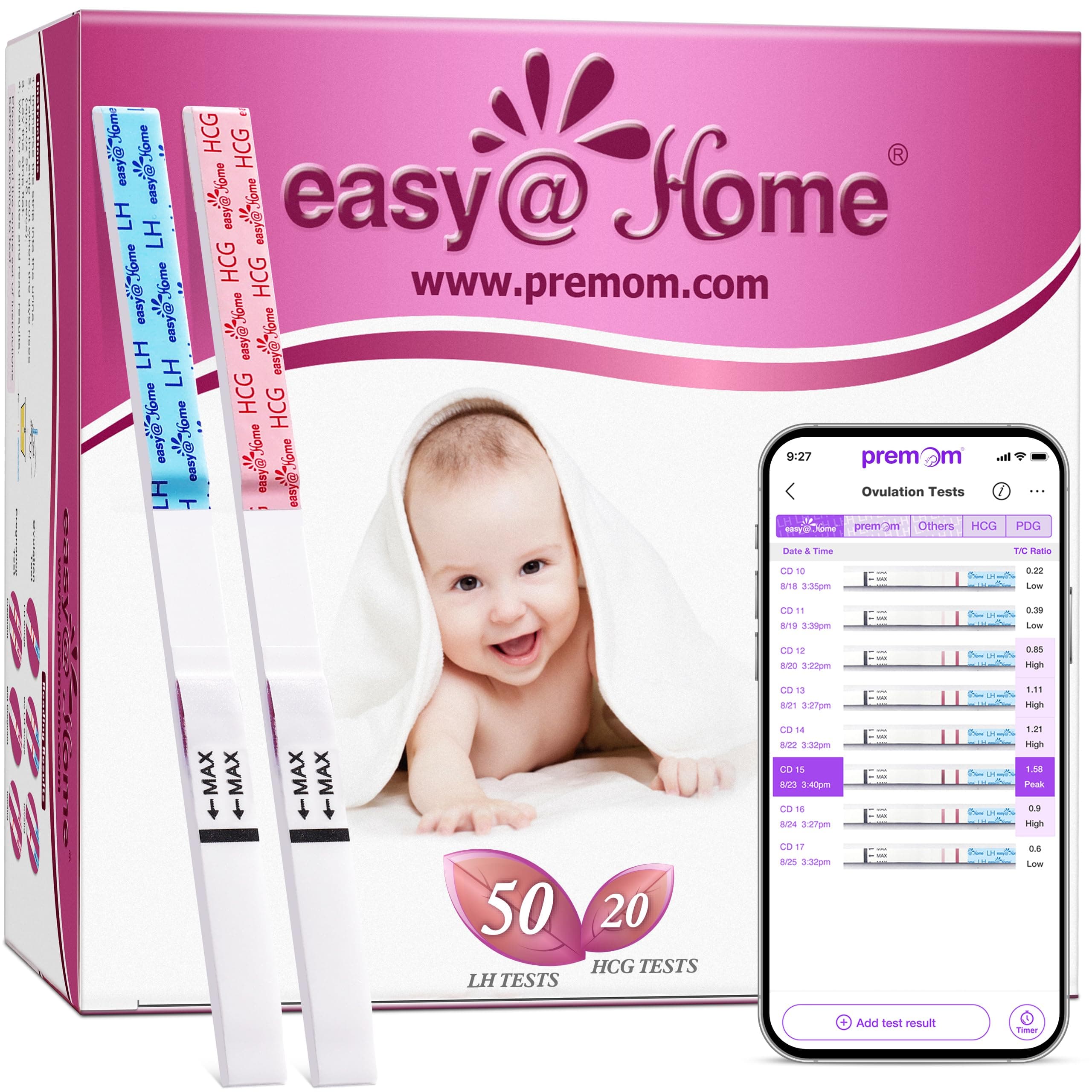 Easy@Home 50 Ovulation Test Strips and 20 Pregnancy Test Strips-Width of 5mm-Powered by Premom Ovulation Predictor iOS and Android App