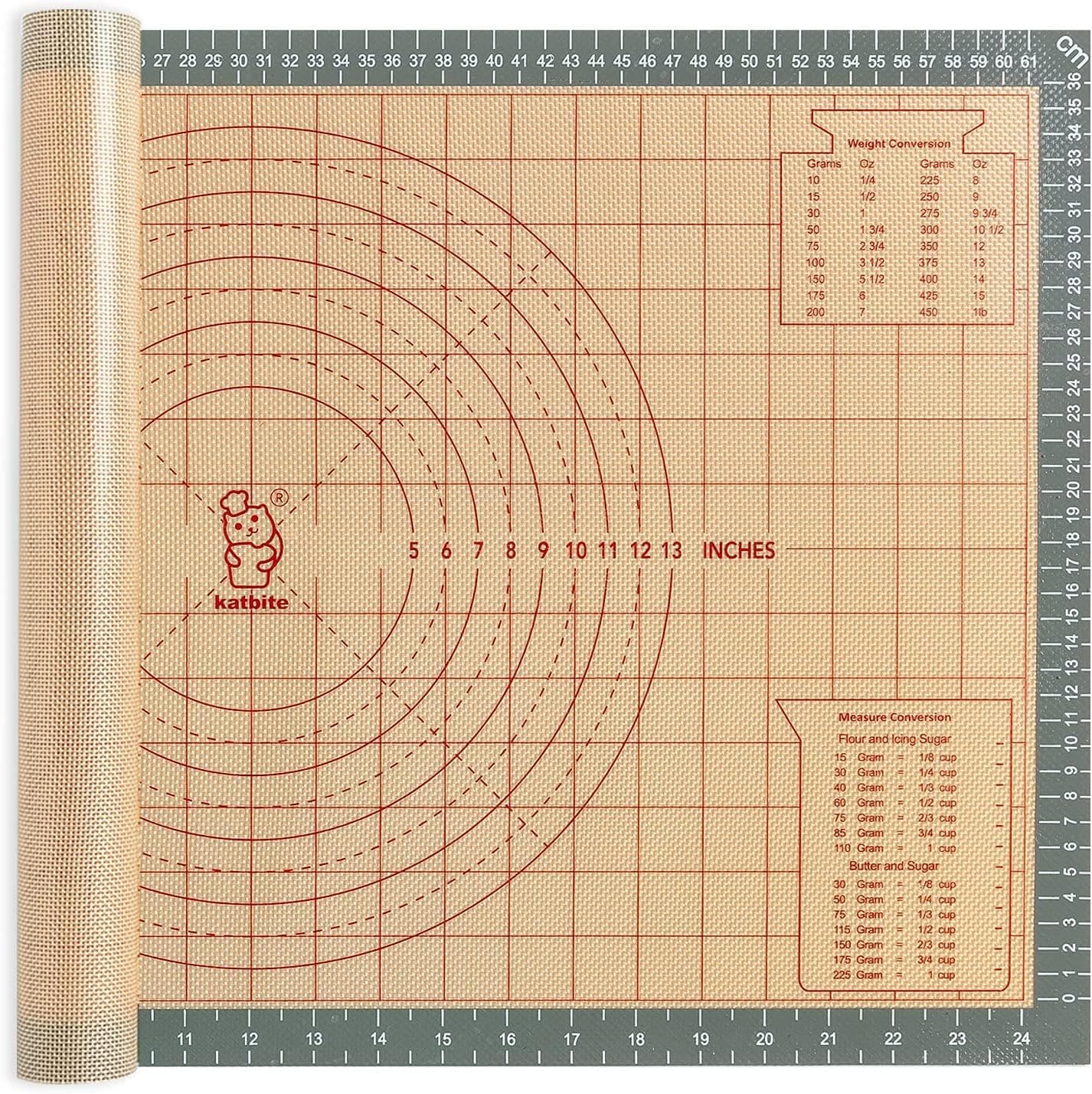 katbite Silicone Pastry Mat Non Stick, Silicone Baking Mat 26" x 16" with Measurement, Non-Slip Dough Rolling Mat for Counter, Oven Liner, Pie Crust, Reusable Fondant Mat Extra Thick