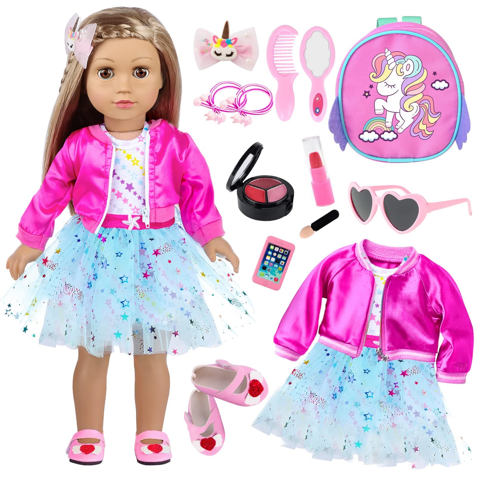 American Doll Clothes and Makeup Accessories Set - Includes Backpack, Sunglasses, Phone, Shoes, Comb, Mirror, Eye Shadow, Lipstick, Hair Clip, Hair Tie for 18 Inch Dolls