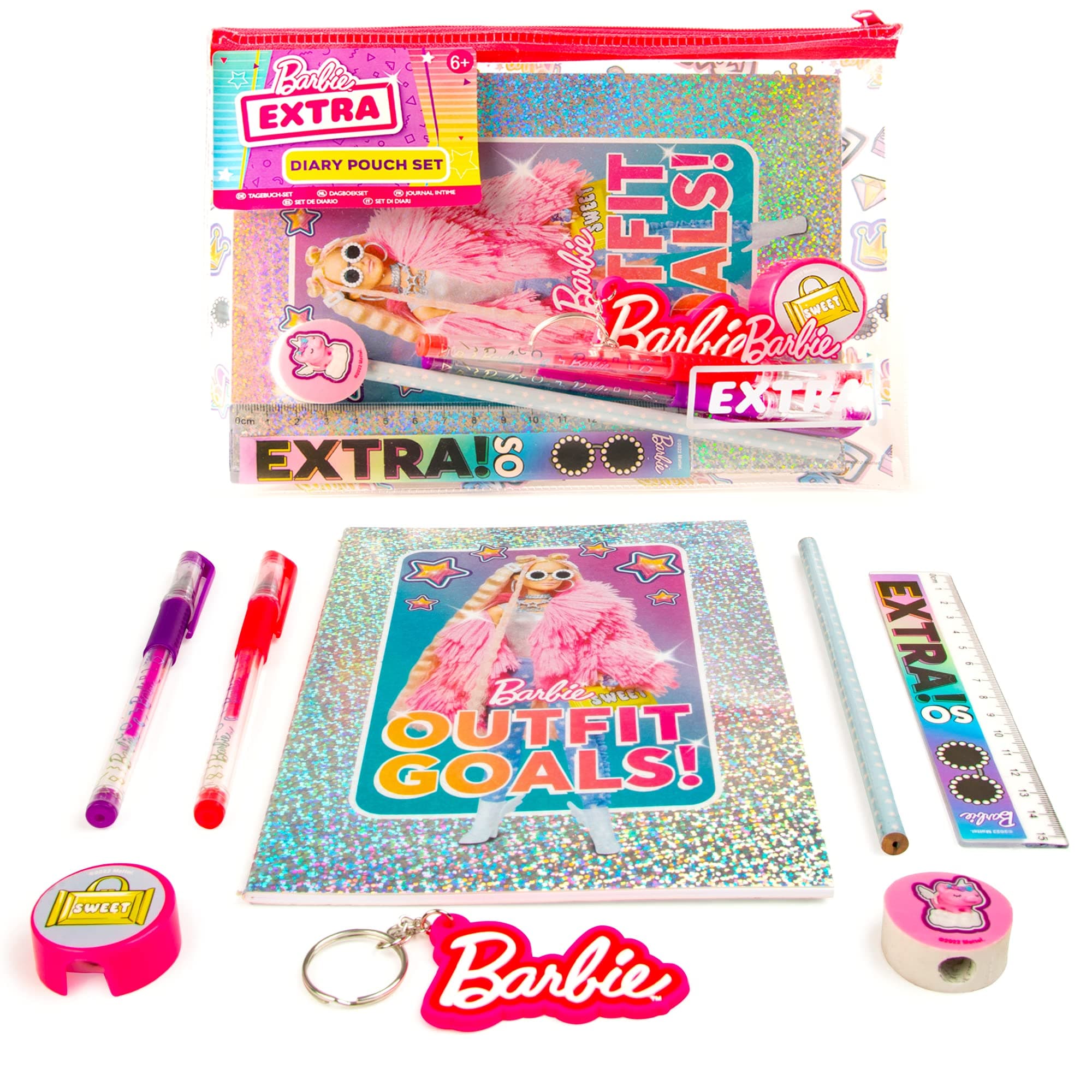 – Barbie Extra Diary Pouch Set | Stationery Set for Girls | Includes Notebook, Glitter Gel Pens, Mini Ruler & Keyring | Cute Accessories for School, Travel & Gifts |