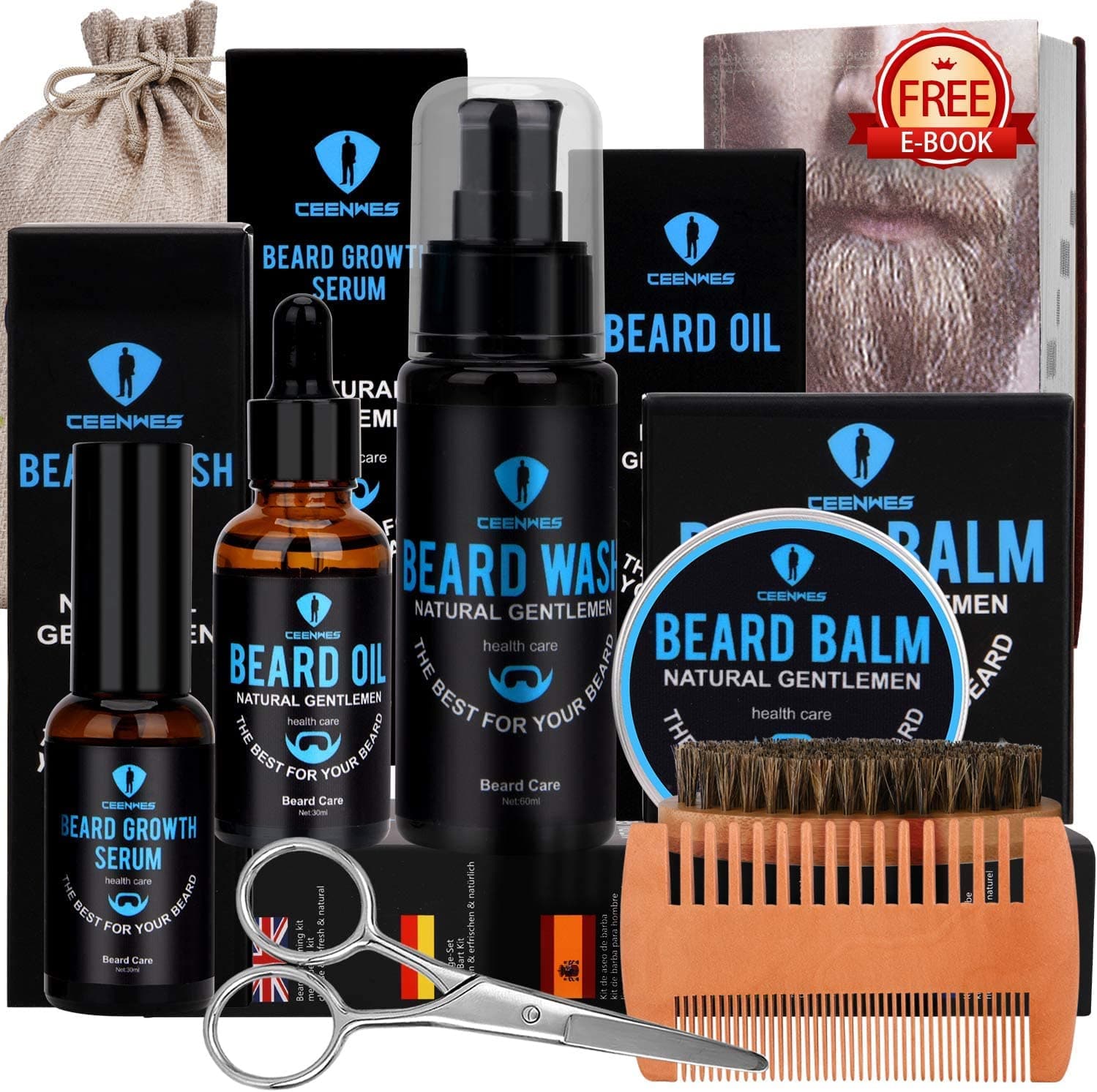Beard Grooming Kit,Beard Kit with Beard Oil,Beard Growth Serum,Beard Wash, Beard Balm,Beard Brush, Beard Comb, Beard & Mustache Scissors Beard Growth