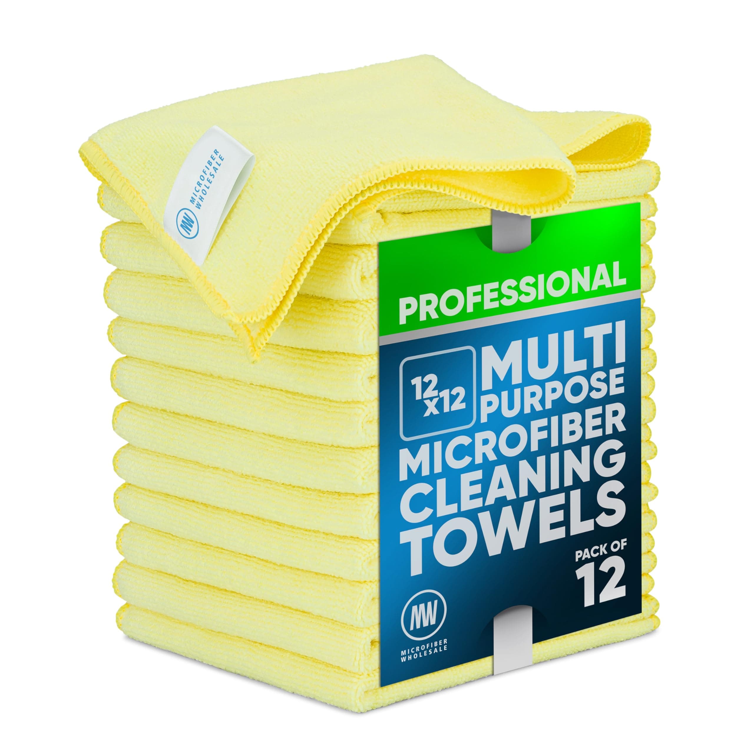 Microfiber Wholesale 12" x 12" MW Pro Multi-Surface Cleaning Cloths | Yellow - 12 Pack | Premium Towels for Cleaning Glass, Kitchens, Bathrooms, Automotive, Supplies & Products