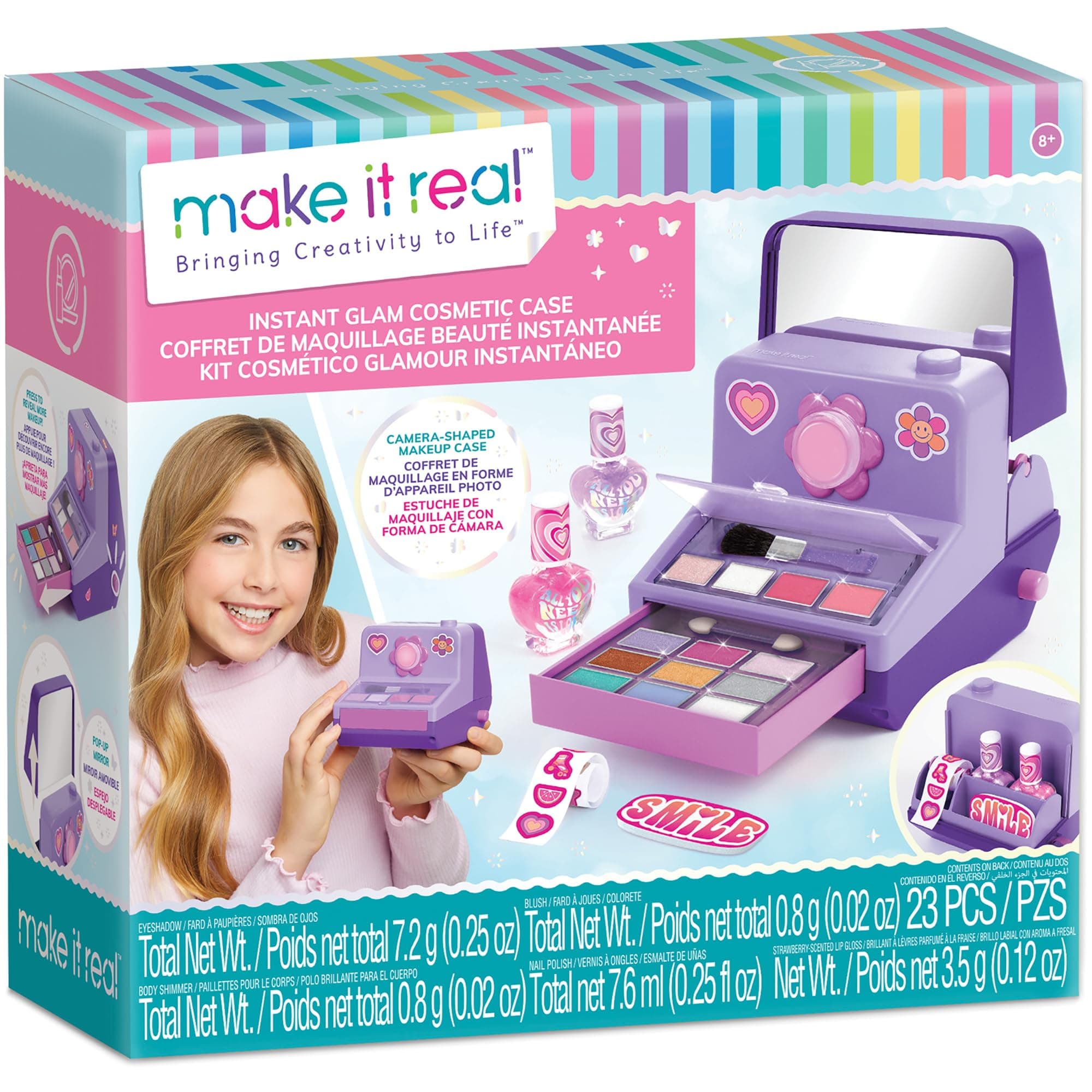 Make It Real: Instant Glam Cosmetic Case - 23pcs, Camera Shaped Makeup Case, Eyes-Lips-Face-Nails, Stickers to Decorate, Girls & Kids Ages 8+