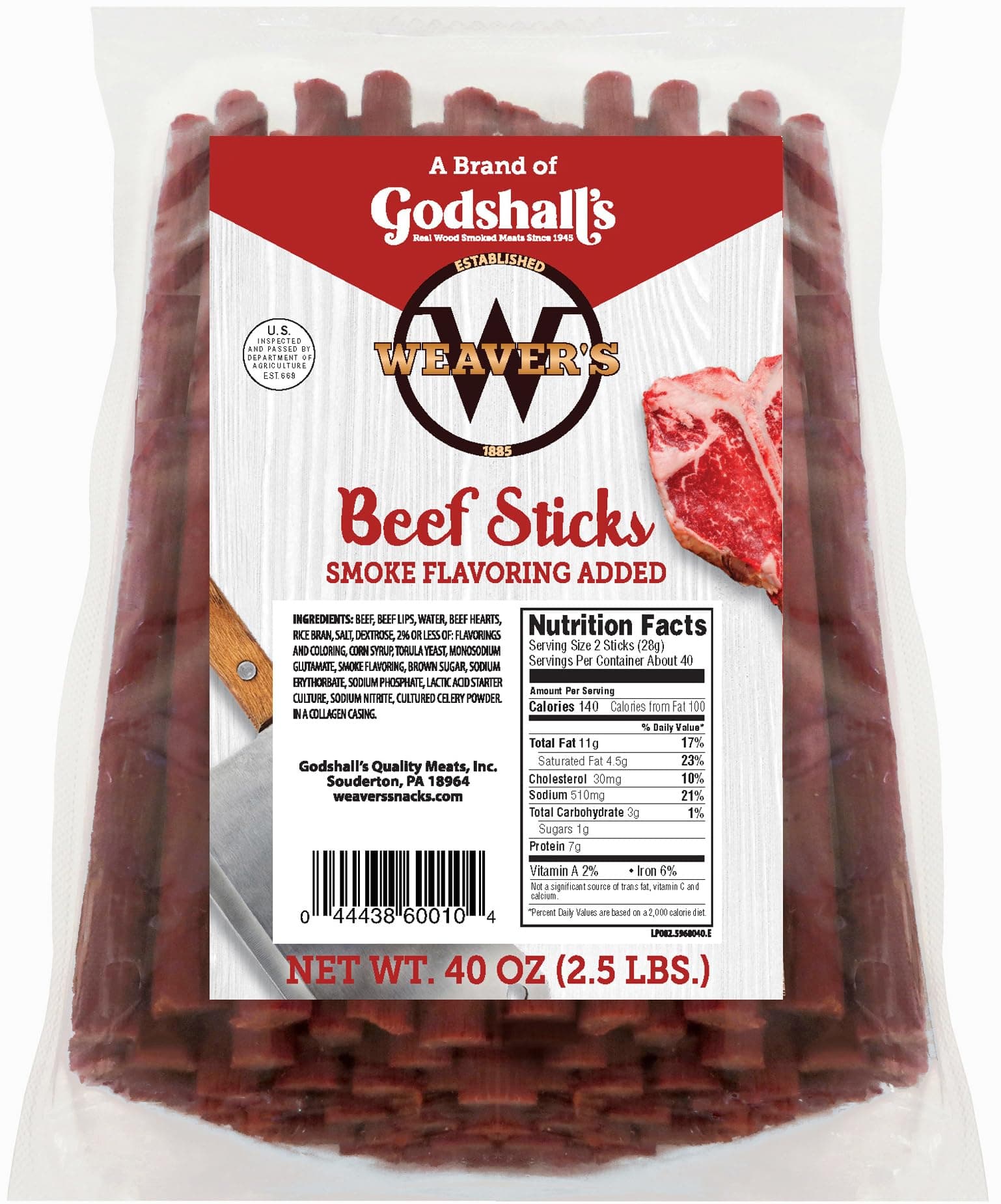 Weaver’s Beef Sticks (80 original mild flavored 7” beef sticks per 40oz bag)